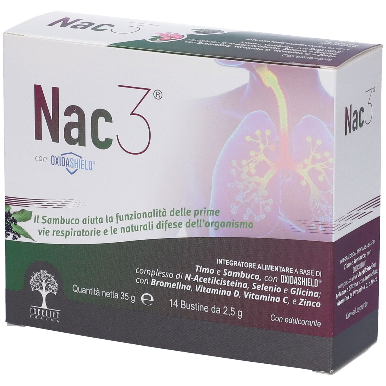 Scatola Nac3 con OxidaShield. Contiene 14 bustine. Dettagli ingredienti e informazioni nutrizionali.
