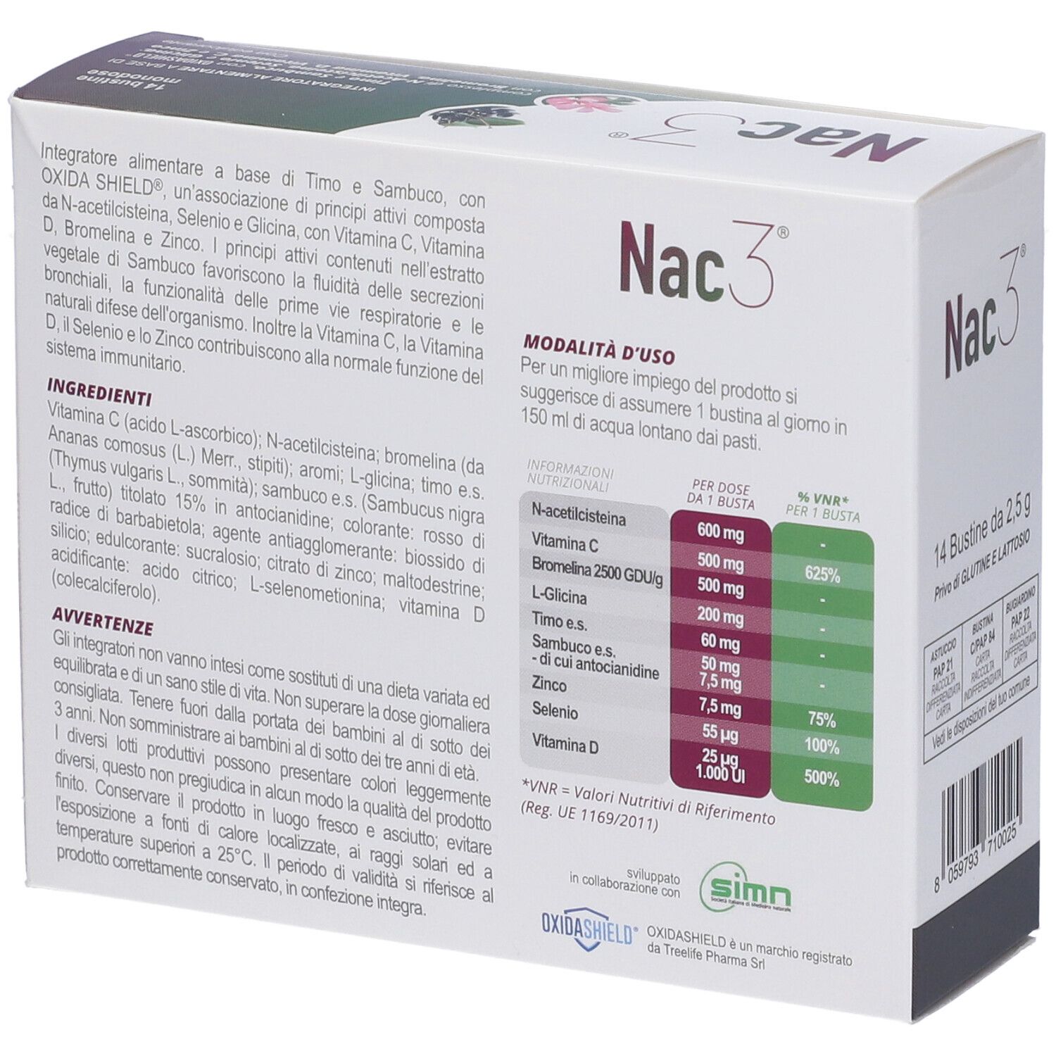 Retro della scatola Nac3. Informazioni su ingredienti, dosaggio e valori nutrizionali.
