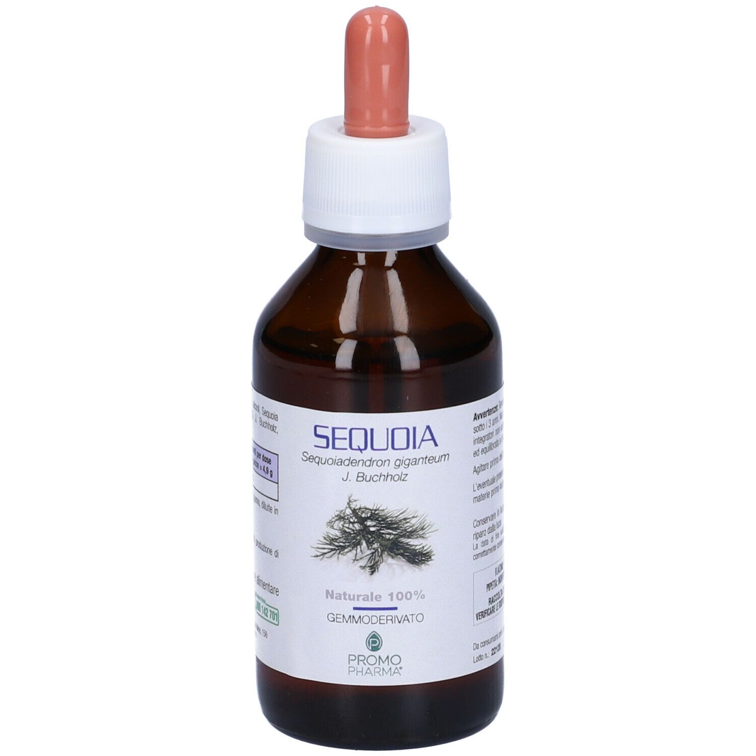 Flacone di vetro marrone con contagocce. Scritta: SEQUOIA, Sequoia giganteum. Etichetta con informazioni.