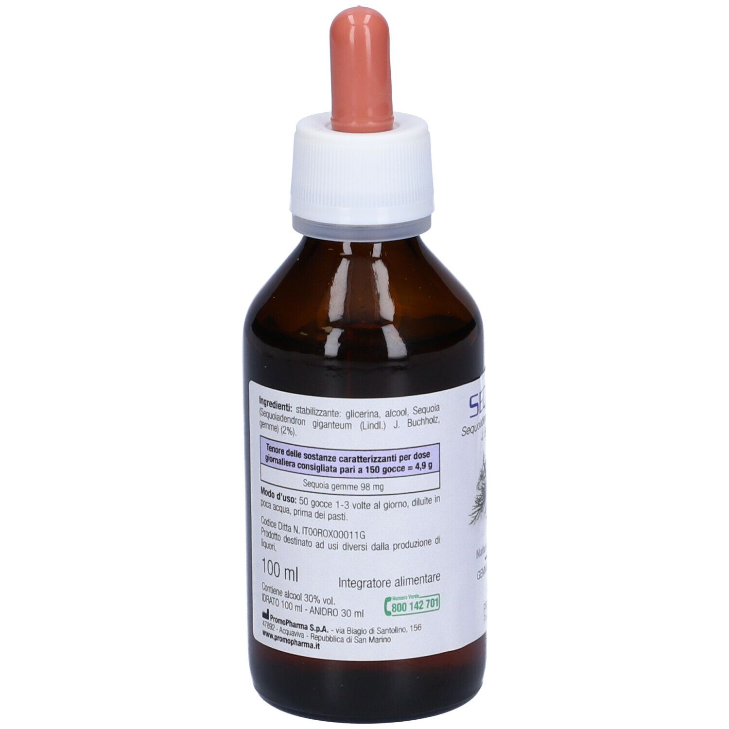 Flacone di vetro marrone con contagocce. Etichetta con ingredienti e dosaggio. Scritta: 100 ml.