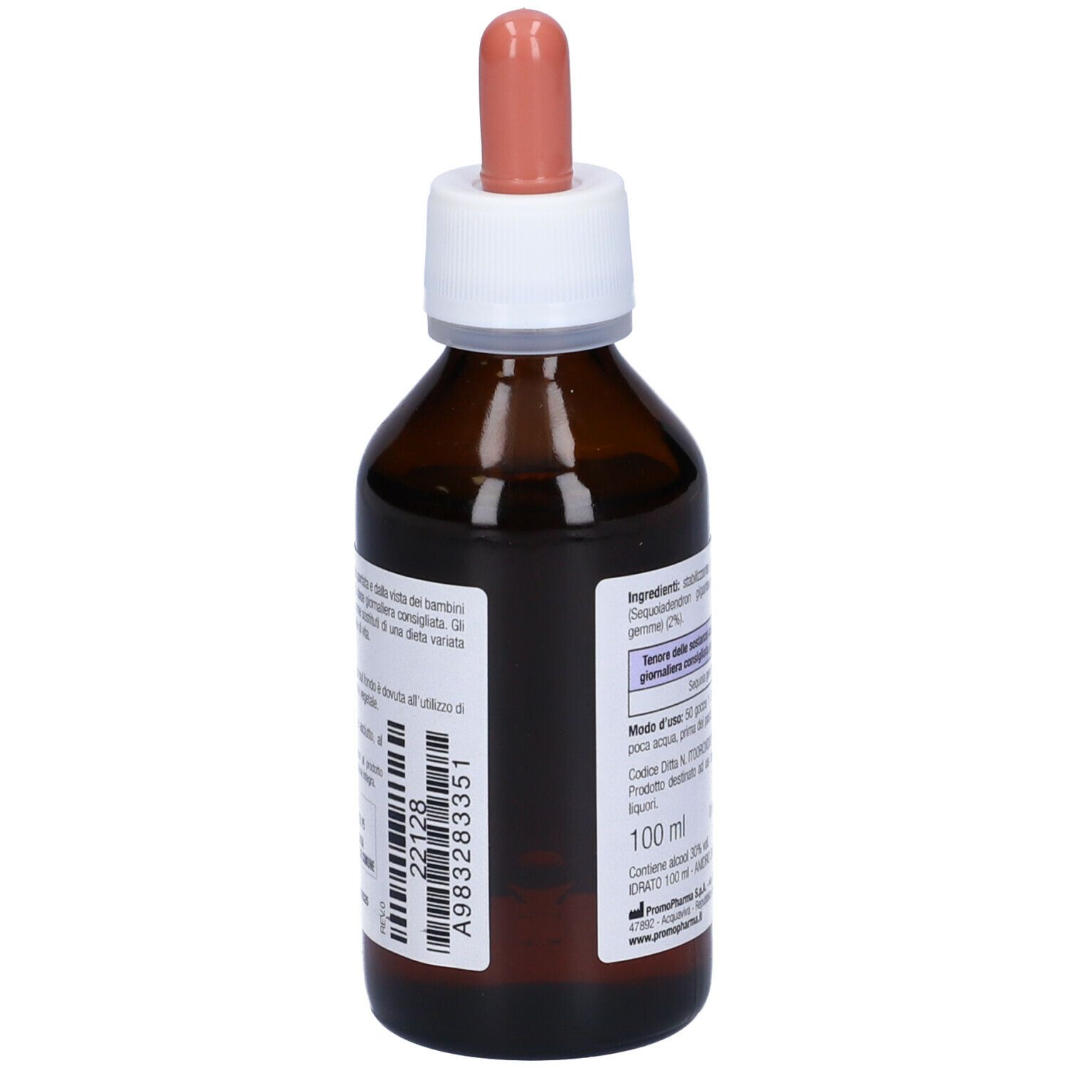 Flacone di vetro marrone con contagocce. Etichetta con informazioni e codice a barre. Scritta: 100 ml.