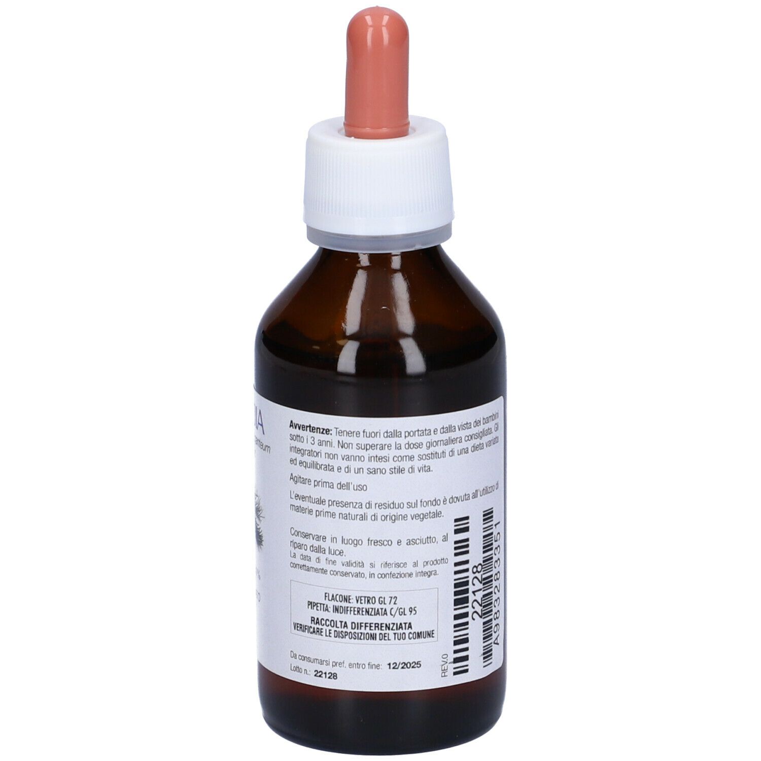 Flacone di vetro marrone con contagocce. Etichetta con avvertenze e smaltimento. Scritta: SEQUOIA.