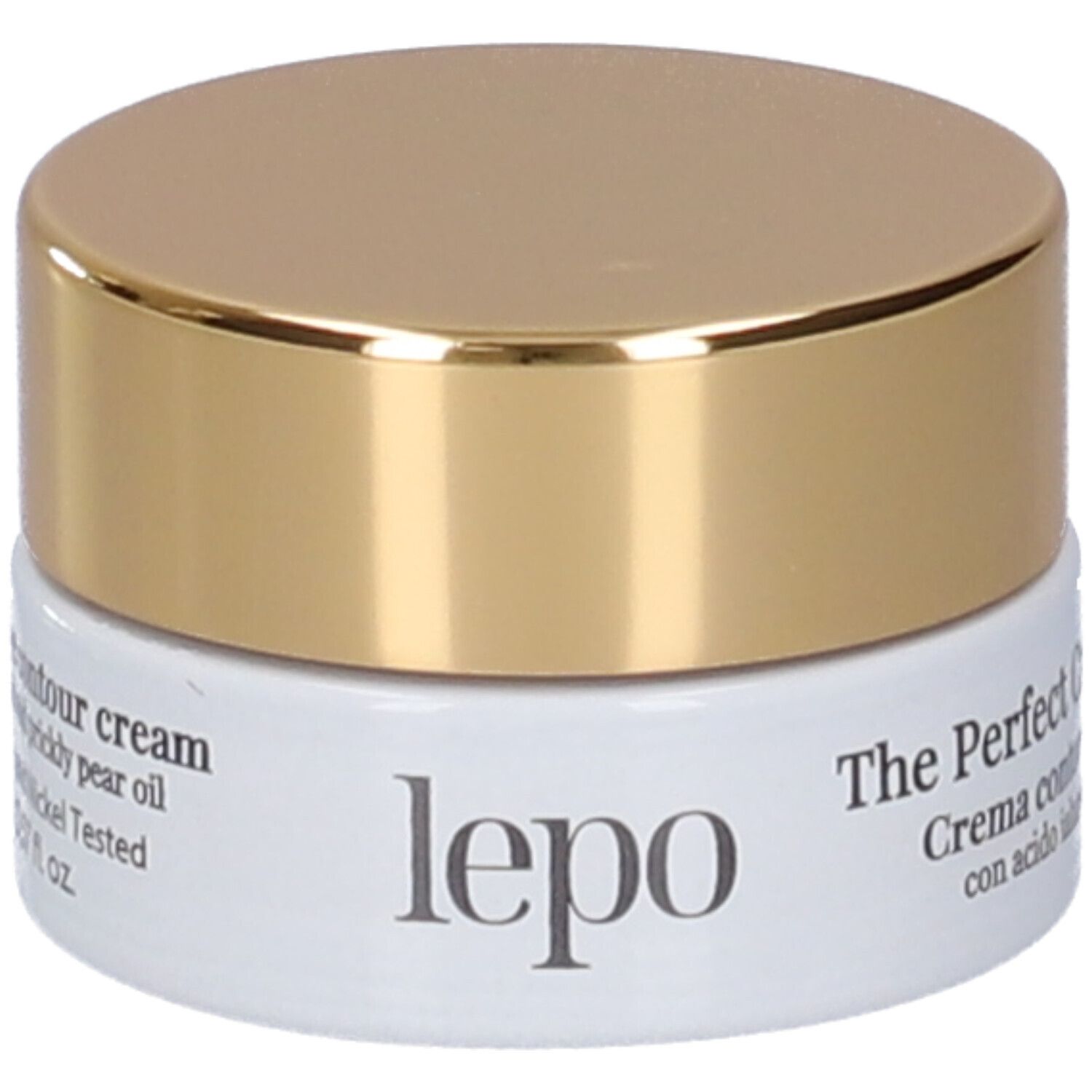 Vaso crema occhi. Contenitore bianco con coperchio dorato. Testo: LEPO, The Perfect Cream, Eye Contour.