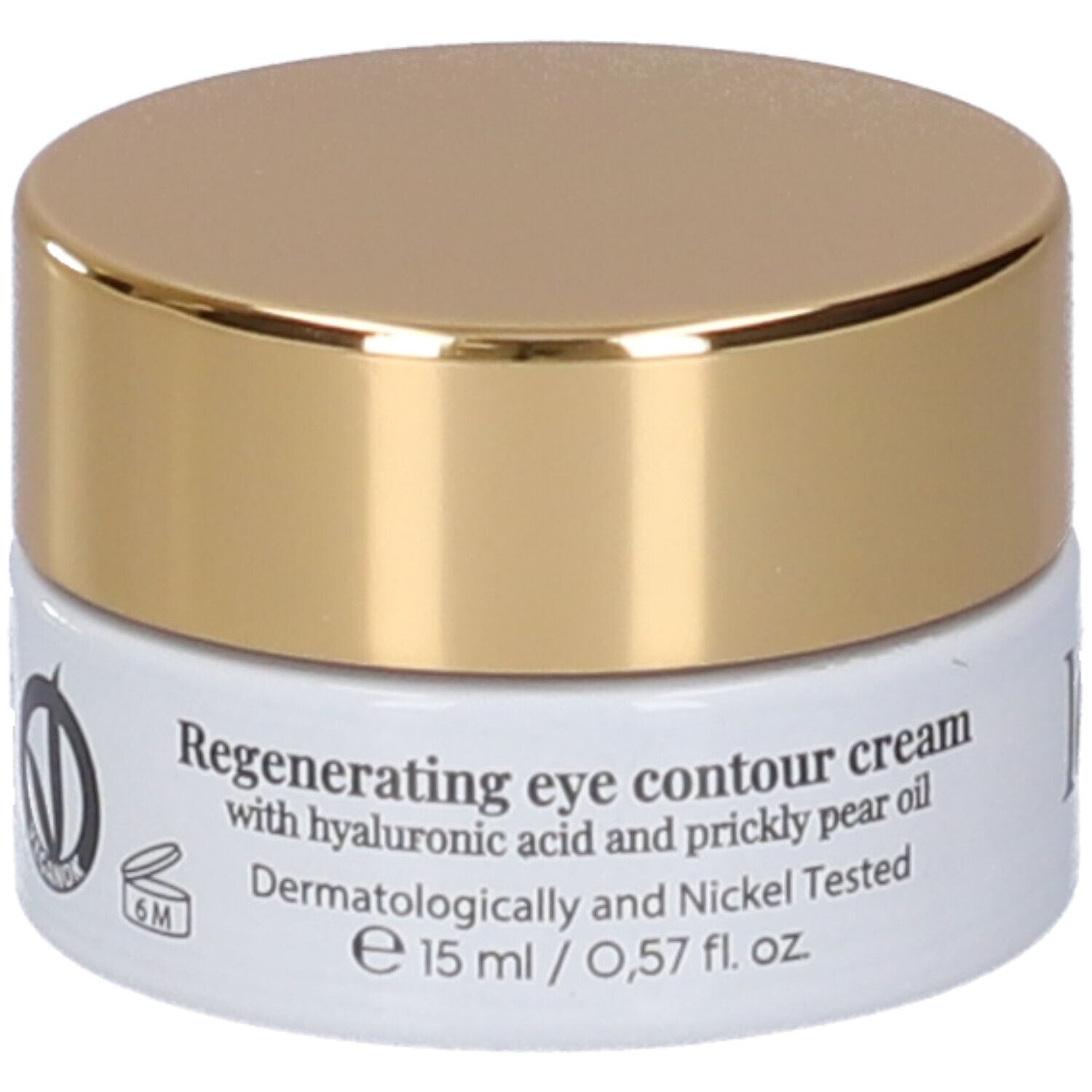 Vaso crema occhi. Contenitore bianco con coperchio dorato. Testo: LEPO, The Perfect Cream, Eye Contour.