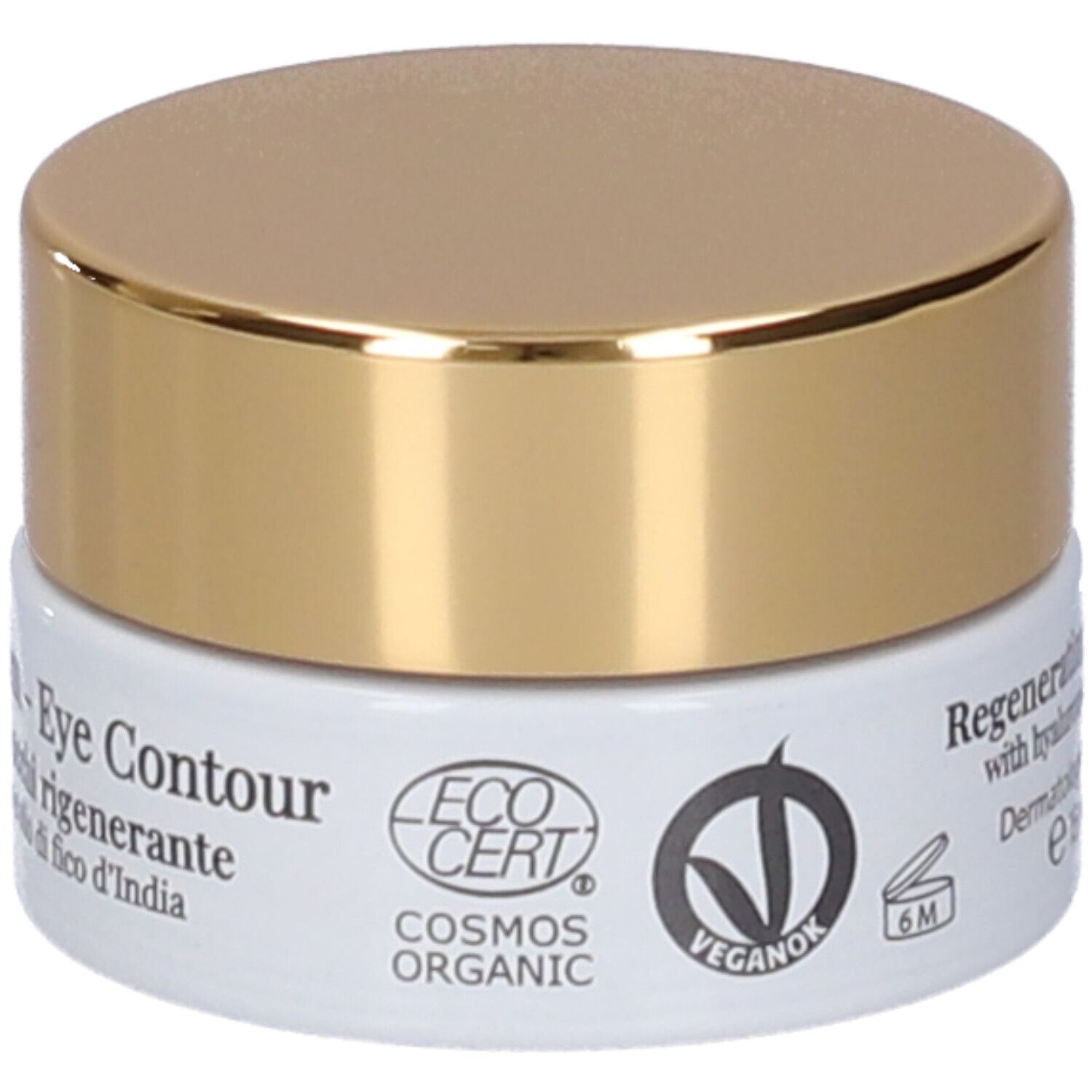Vaso crema occhi. Contenitore bianco con coperchio dorato. Testo: LEPO, The Perfect Cream, Eye Contour.