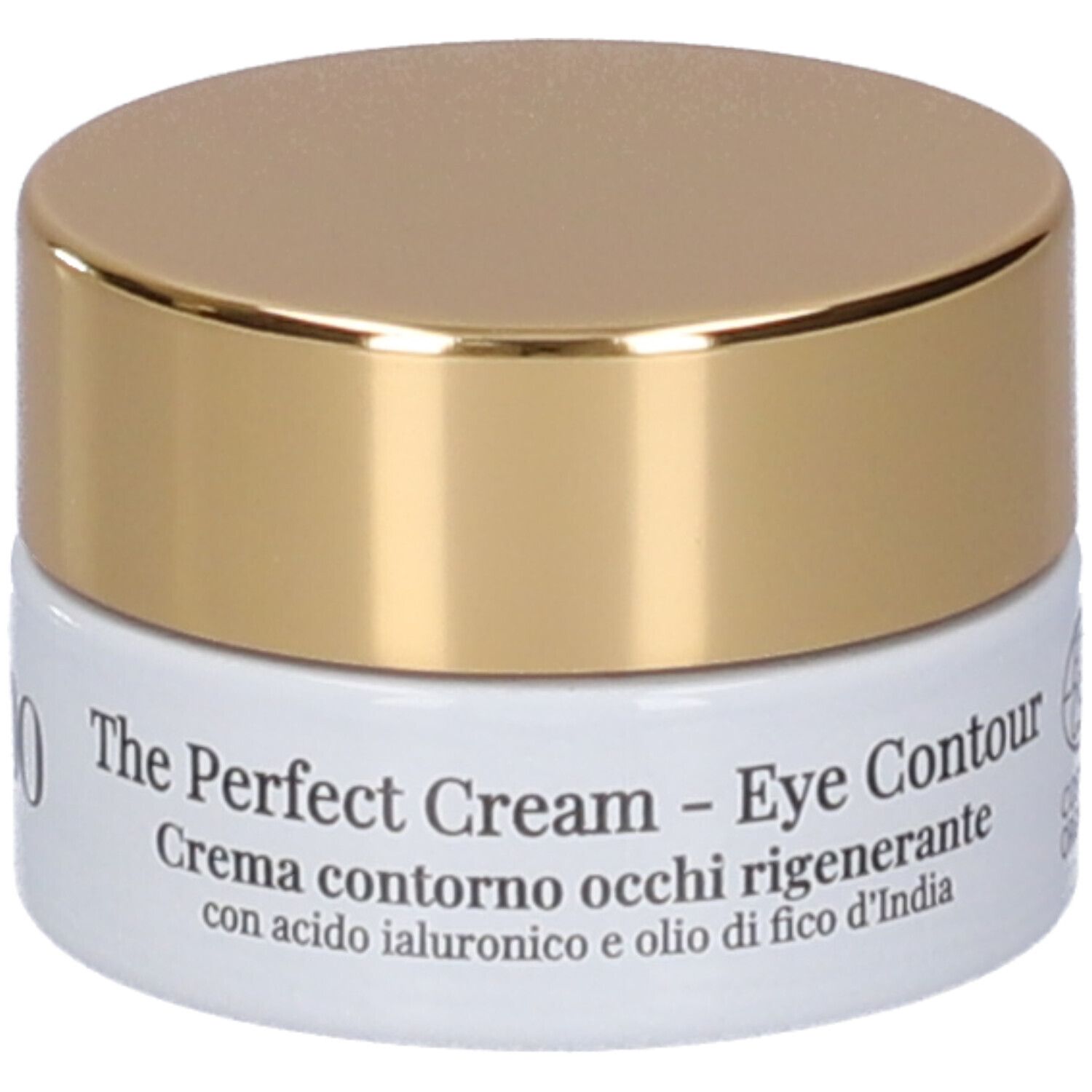 Vaso crema occhi. Contenitore bianco con coperchio dorato. Testo: LEPO, The Perfect Cream, Eye Contour.