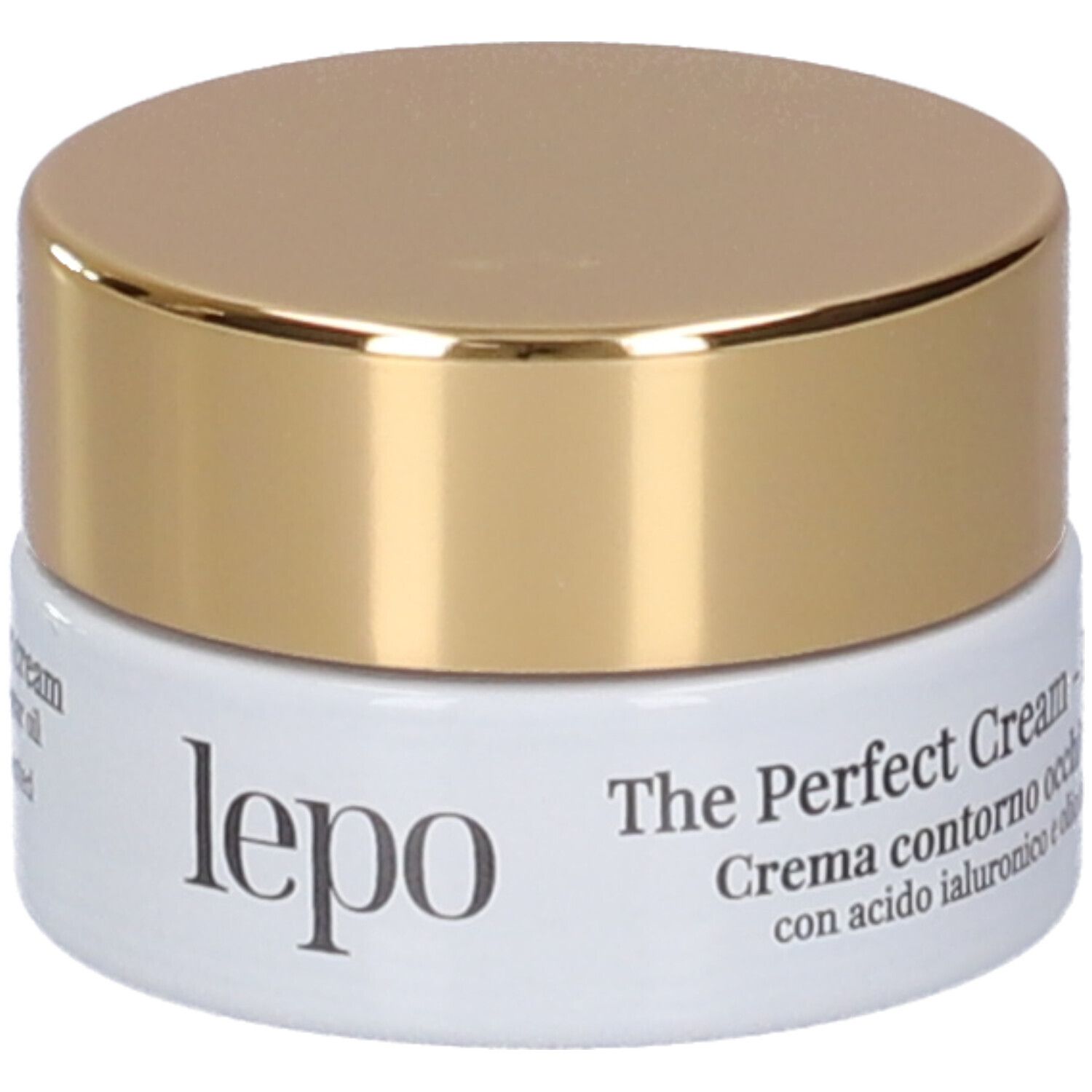 Vaso crema occhi. Contenitore bianco con coperchio dorato. Testo: LEPO, The Perfect Cream, Eye Contour.