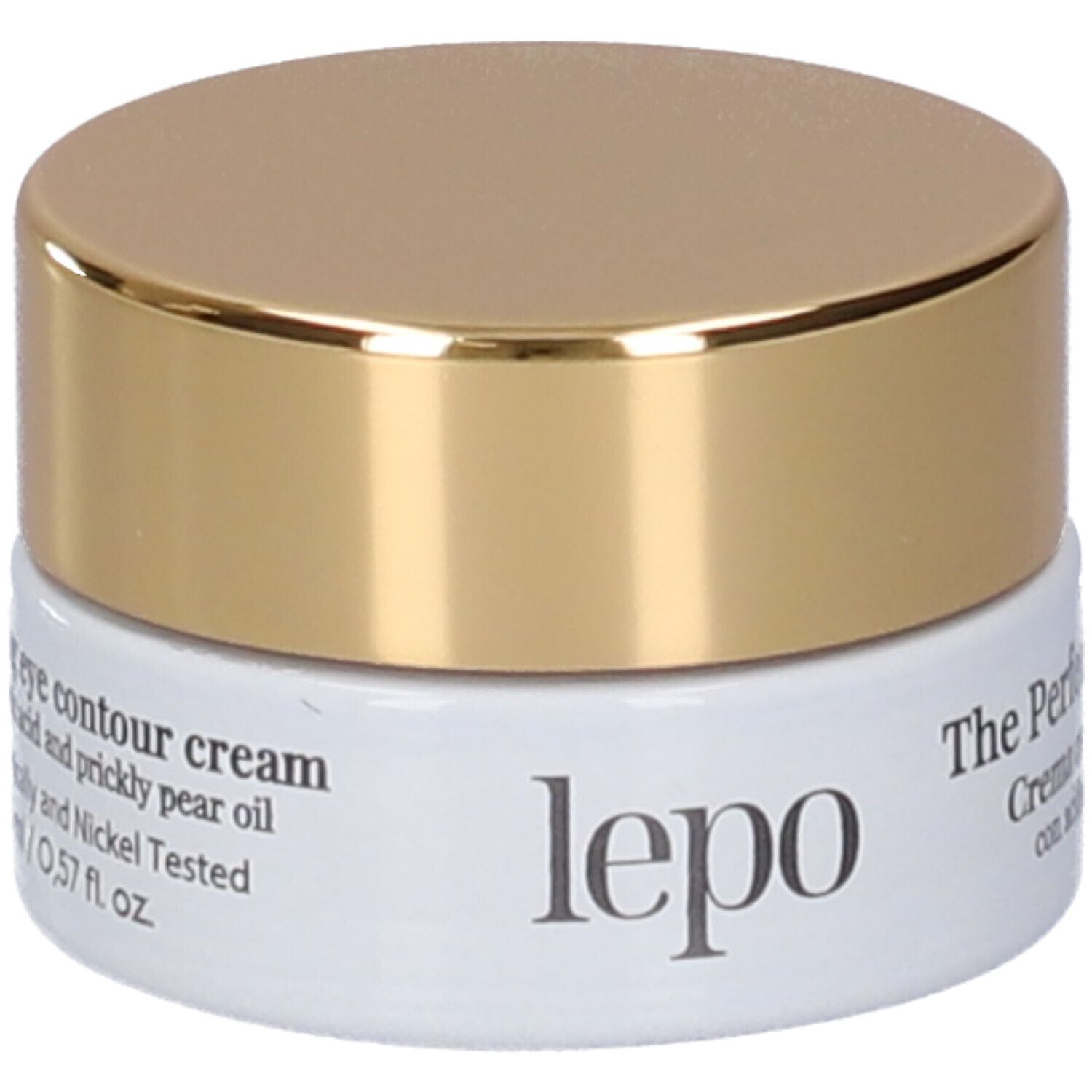 Vaso crema occhi. Contenitore bianco con coperchio dorato. Testo: LEPO, The Perfect Cream, Eye Contour.