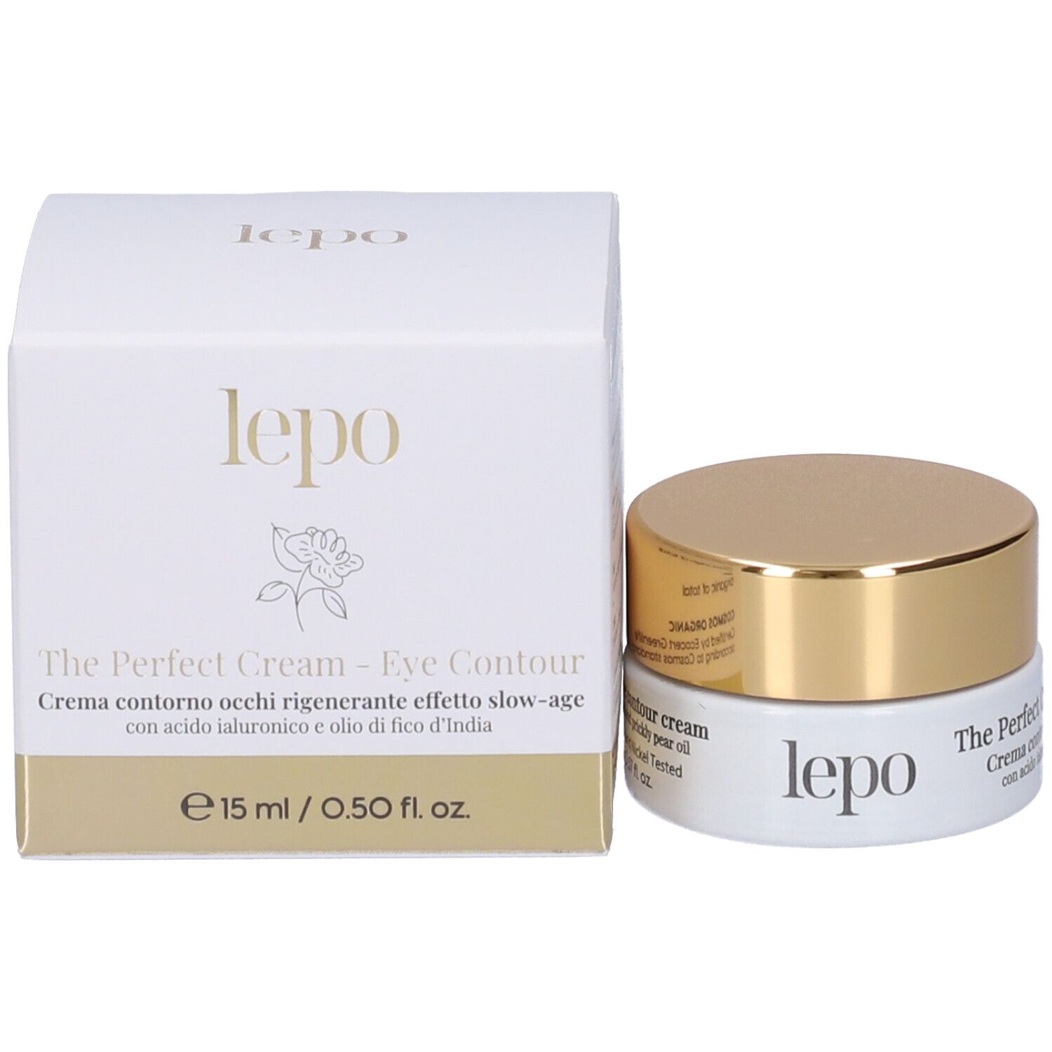 Vaso e confezione crema. Vaso con coperchio dorato, confezione bianca e oro. Testo: LEPO, Eye Contour, 15 ml.