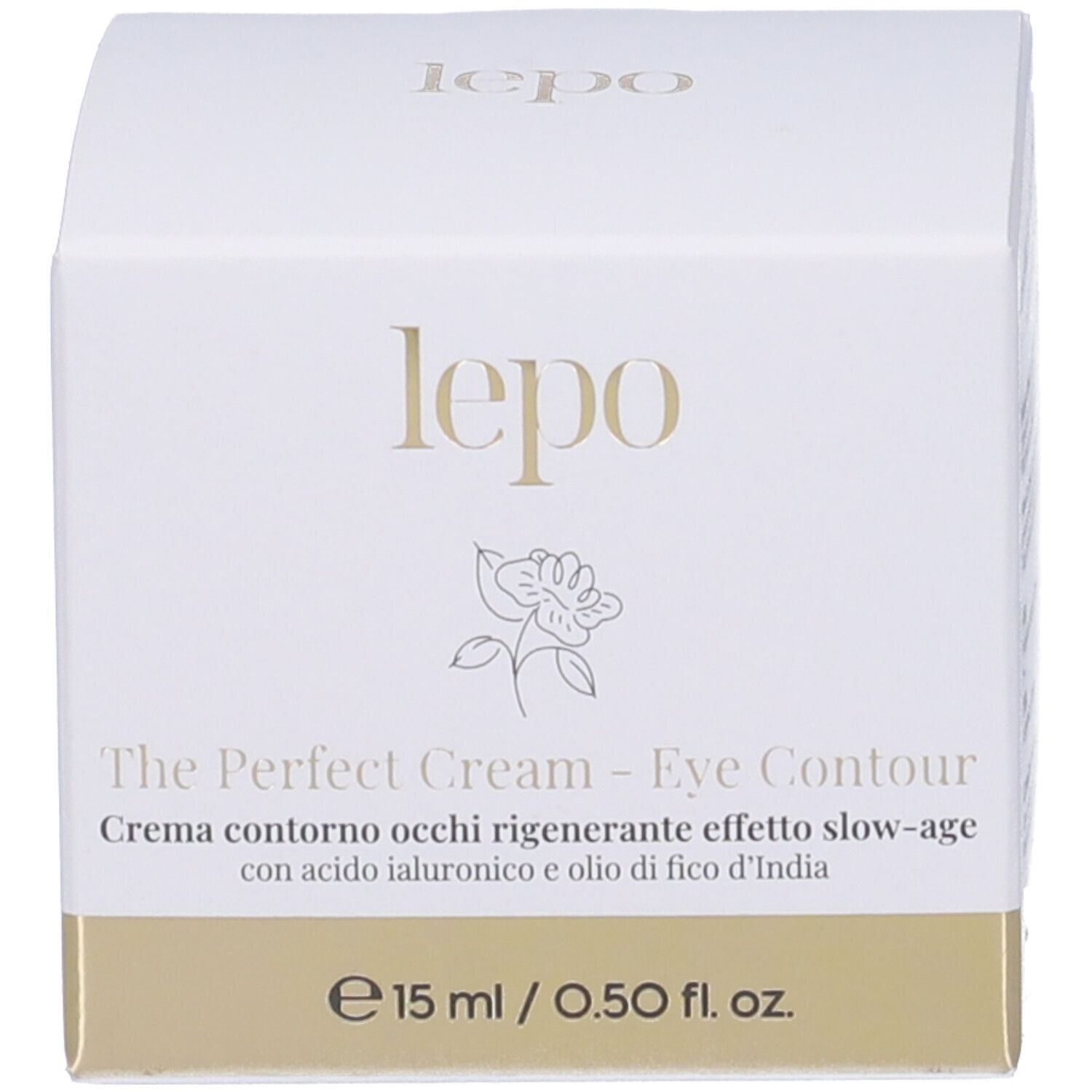 Confezione crema occhi. Bianca con dettagli dorati. Testo: LEPO, The Perfect Cream, Eye Contour, 15 ml.
