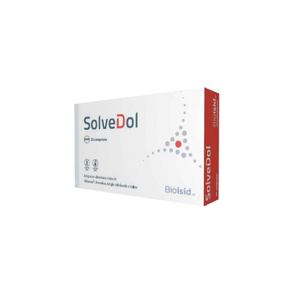 Scatola bianca con scritta "SolveDol" e "20 compresse". Striscia rossa con logo "Bioisid". Vista diagonale.