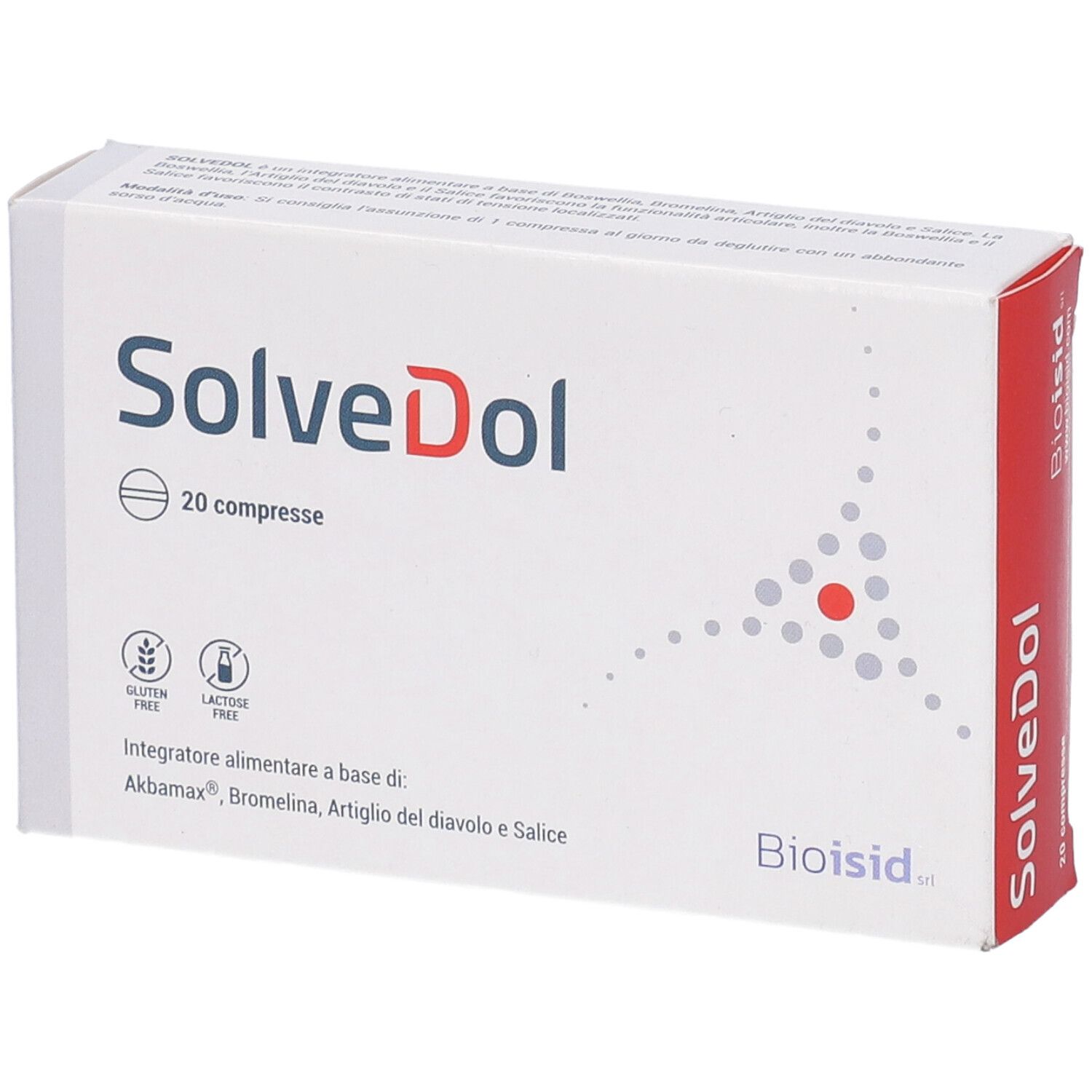 Scatola bianca con "SolveDol", "20 compresse" e loghi. Senza glutine e lattosio. Logo "Bioisid".