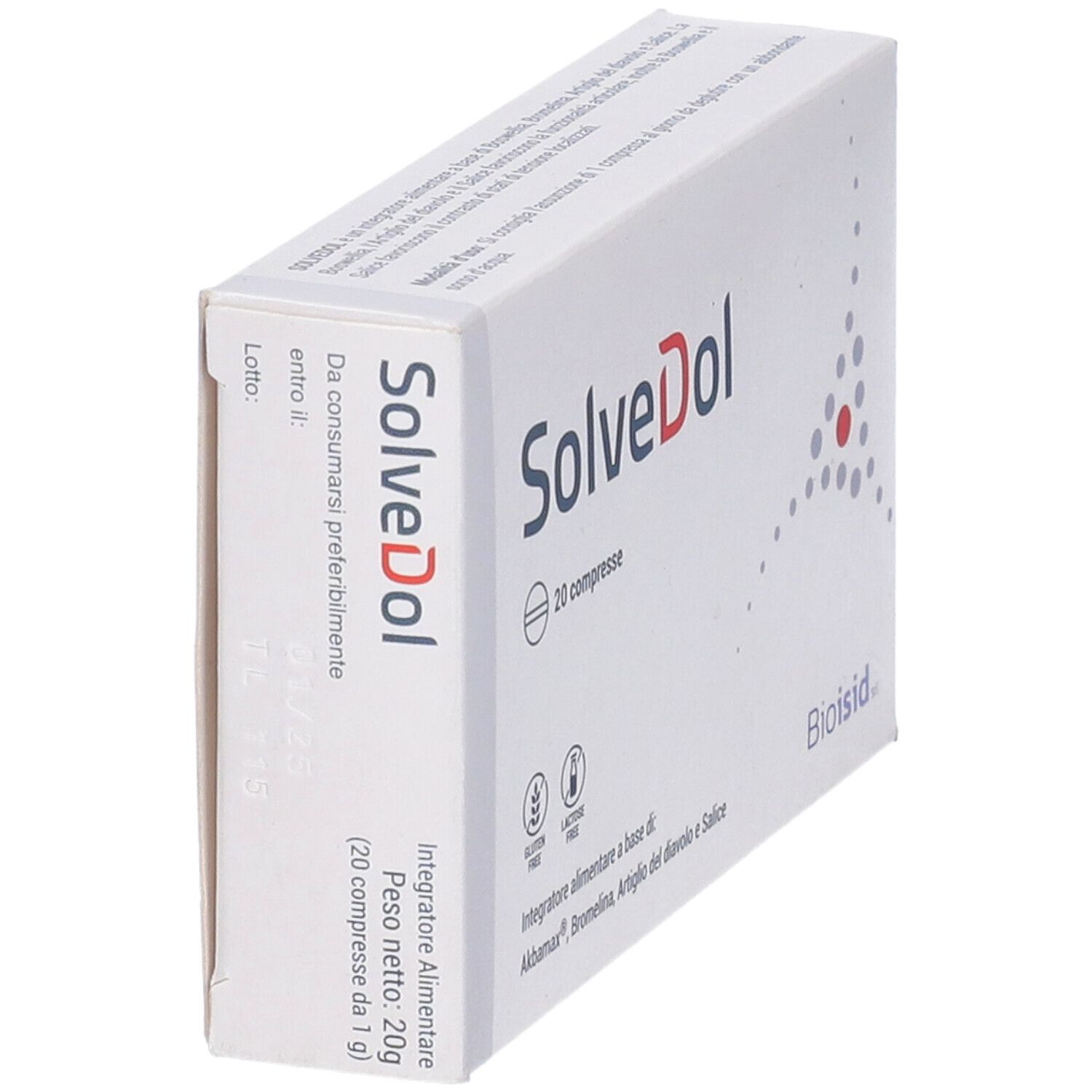 Scatola con "SolveDol" e "20 compresse". Senza glutine e lattosio. Ingredienti e logo "Bioisid".