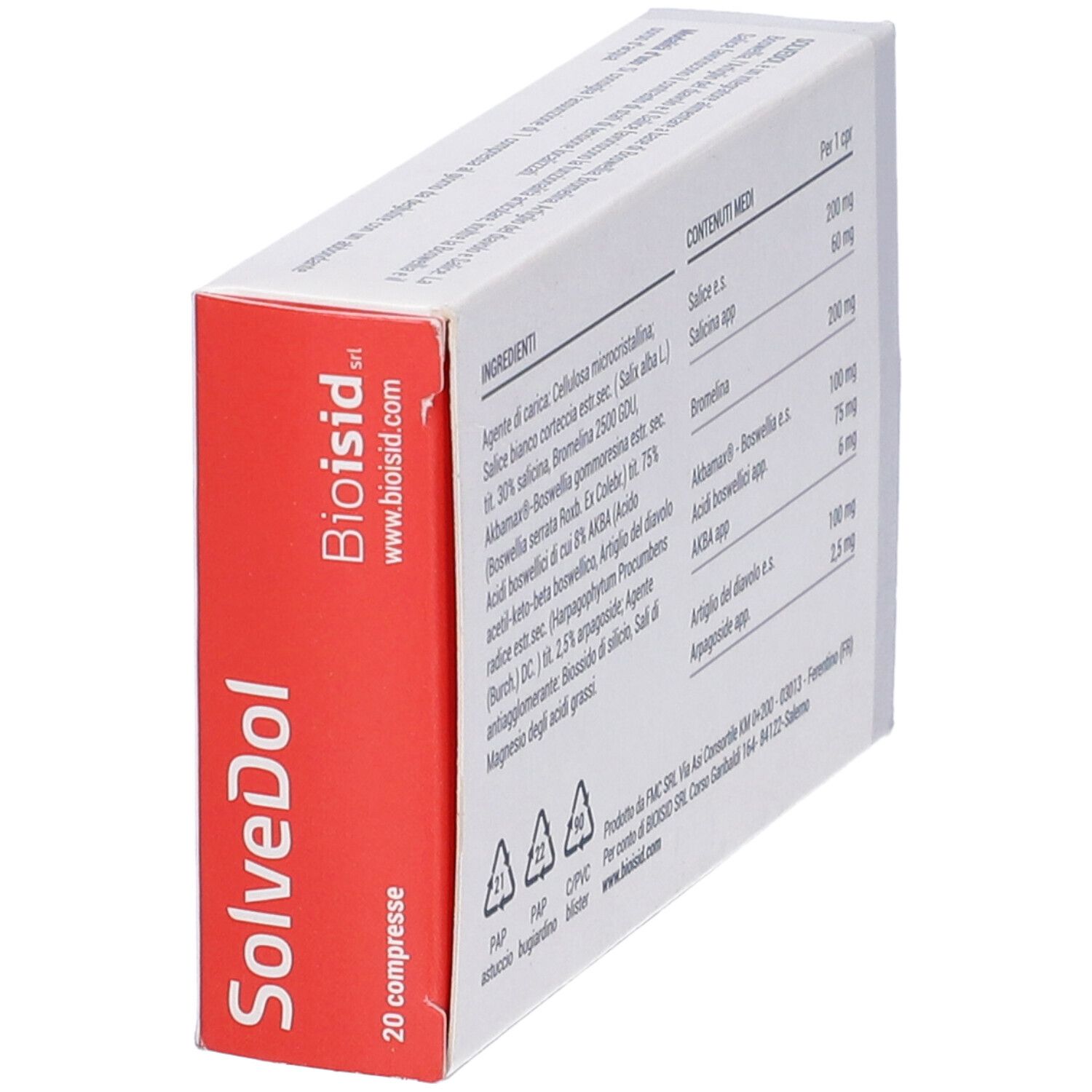 Scatola con "SolveDol" e "20 compresse". Ingredienti e logo "Bioisid". Striscia rossa con logo.