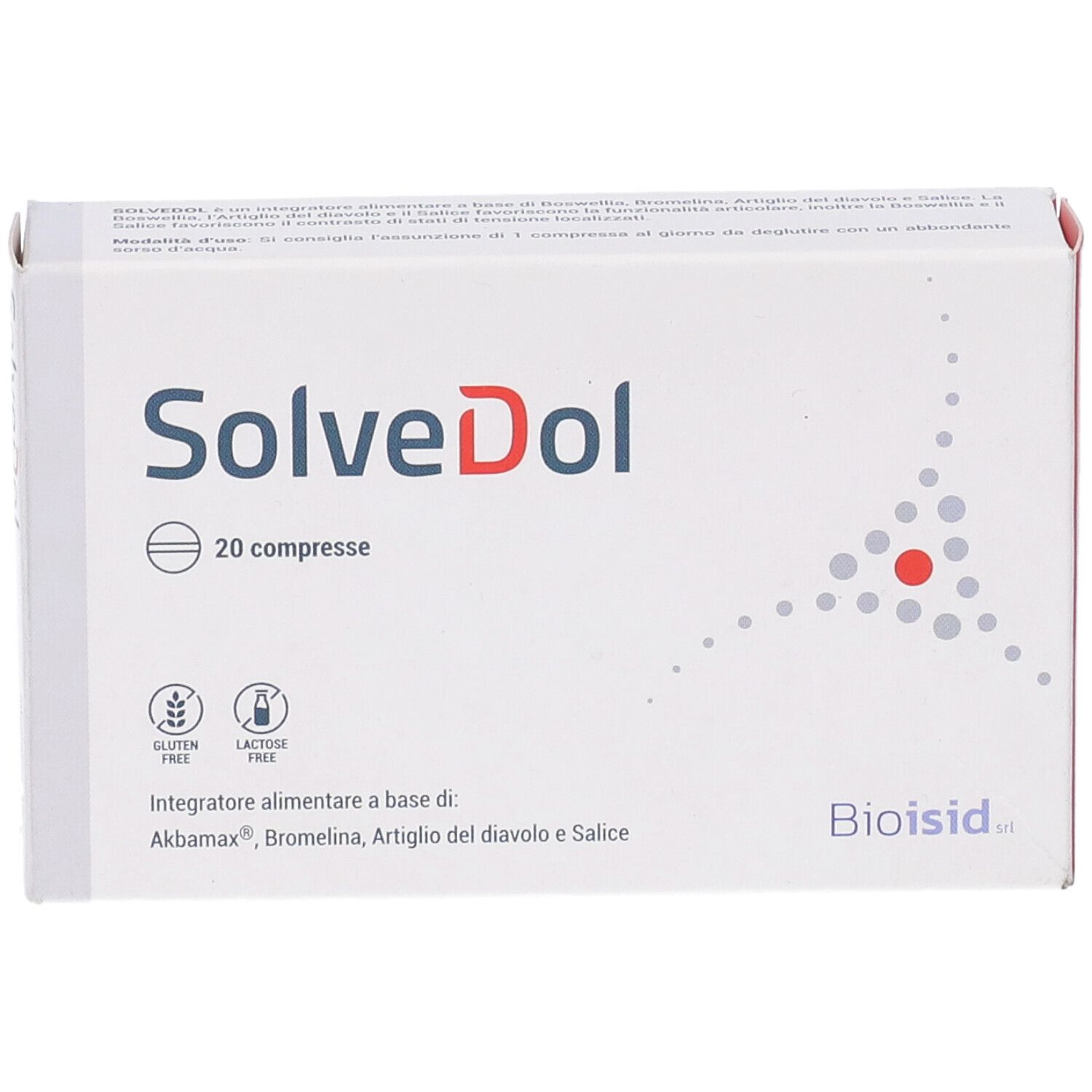 Scatola bianca con "SolveDol" e "20 compresse". Senza glutine e lattosio. Logo "Bioisid".