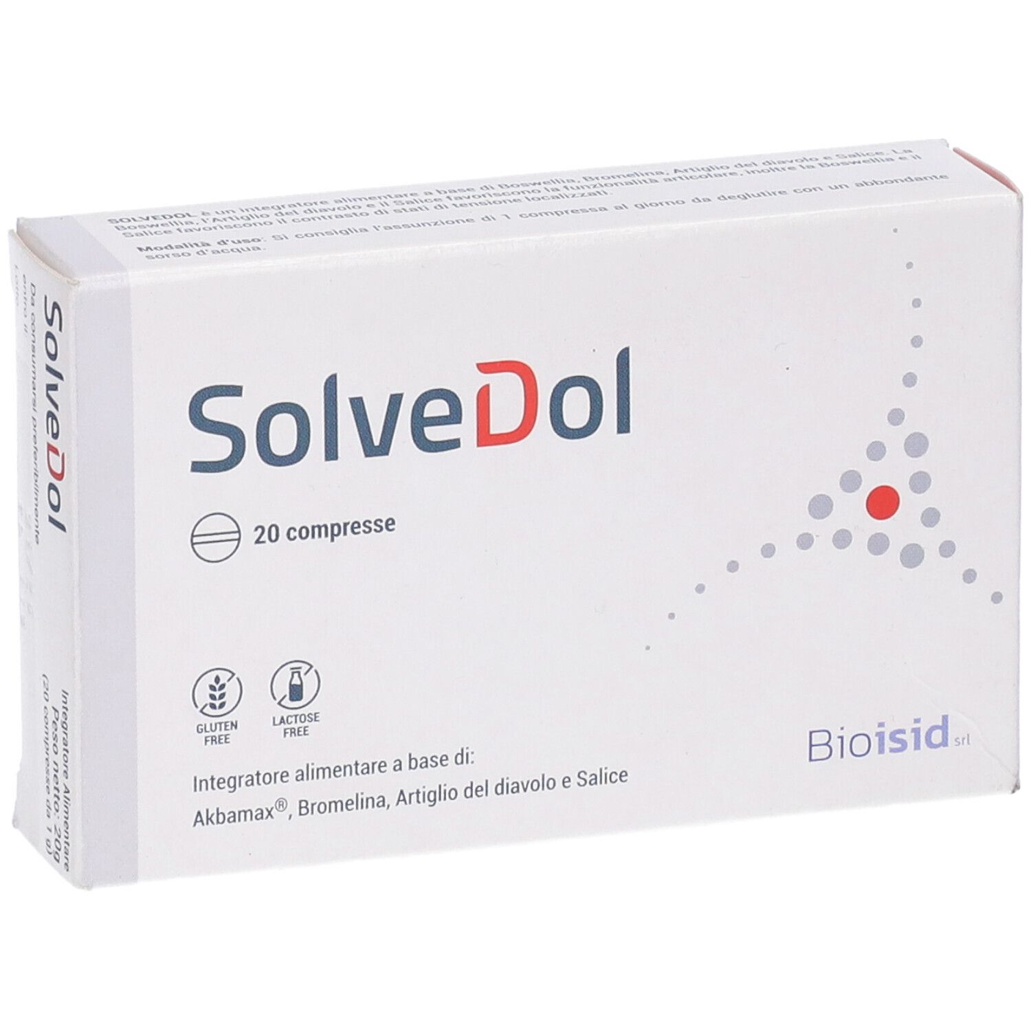 Scatola bianca con "SolveDol" e "20 compresse". Senza glutine e lattosio. Logo "Bioisid".