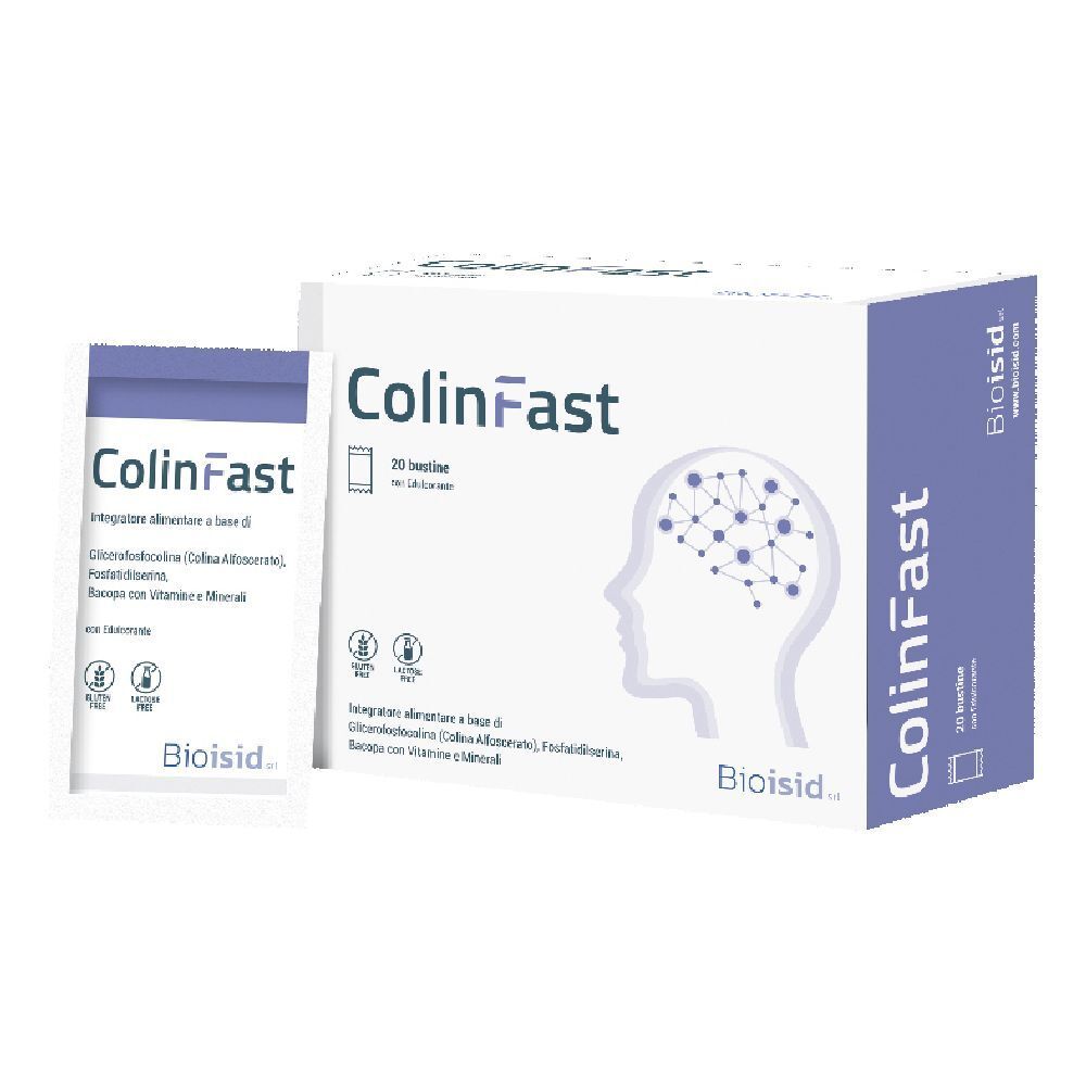 Confezione di ColinFast con 20 bustine. Scritta: ColinFast, Bioisid, illustrazione di un cervello. Bustina singola accanto.