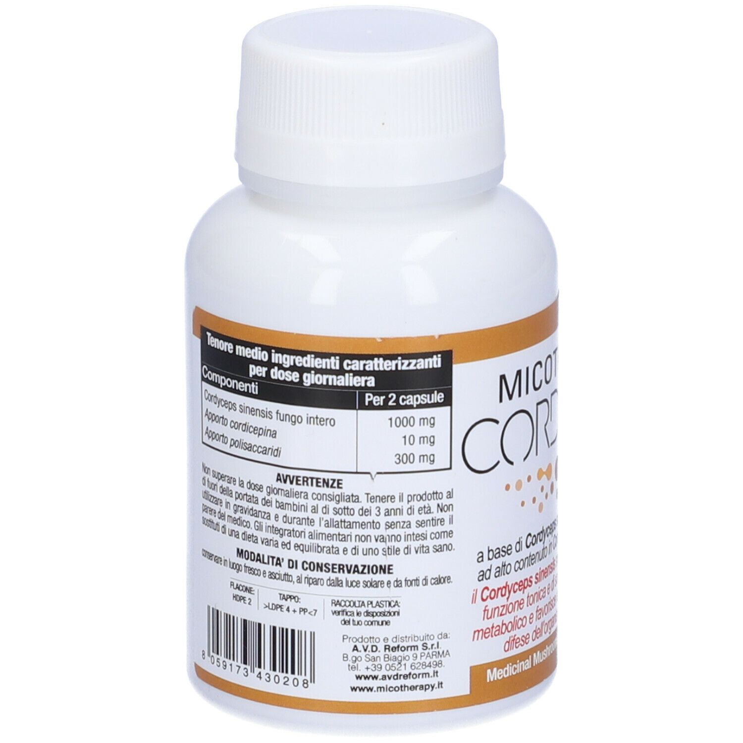 Retro del flacone bianco. Scritta: Ingredienti per 2 capsule. Cordyceps sinensis, polisaccaridi. Avvertenze.