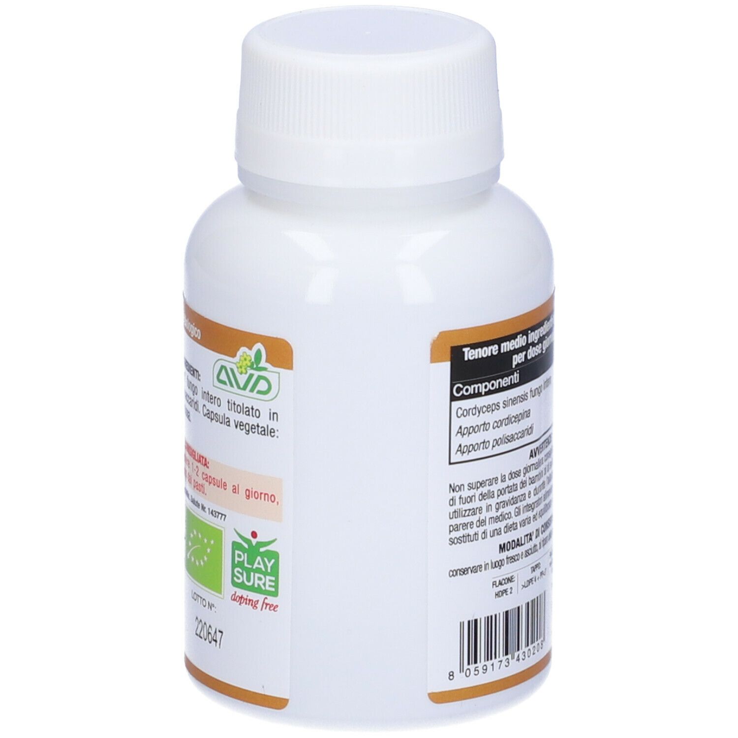 Retro del flacone bianco. Scritta: Ingredienti, Cordyceps sinensis, capsula. Certificazione bio. Numero di lotto.