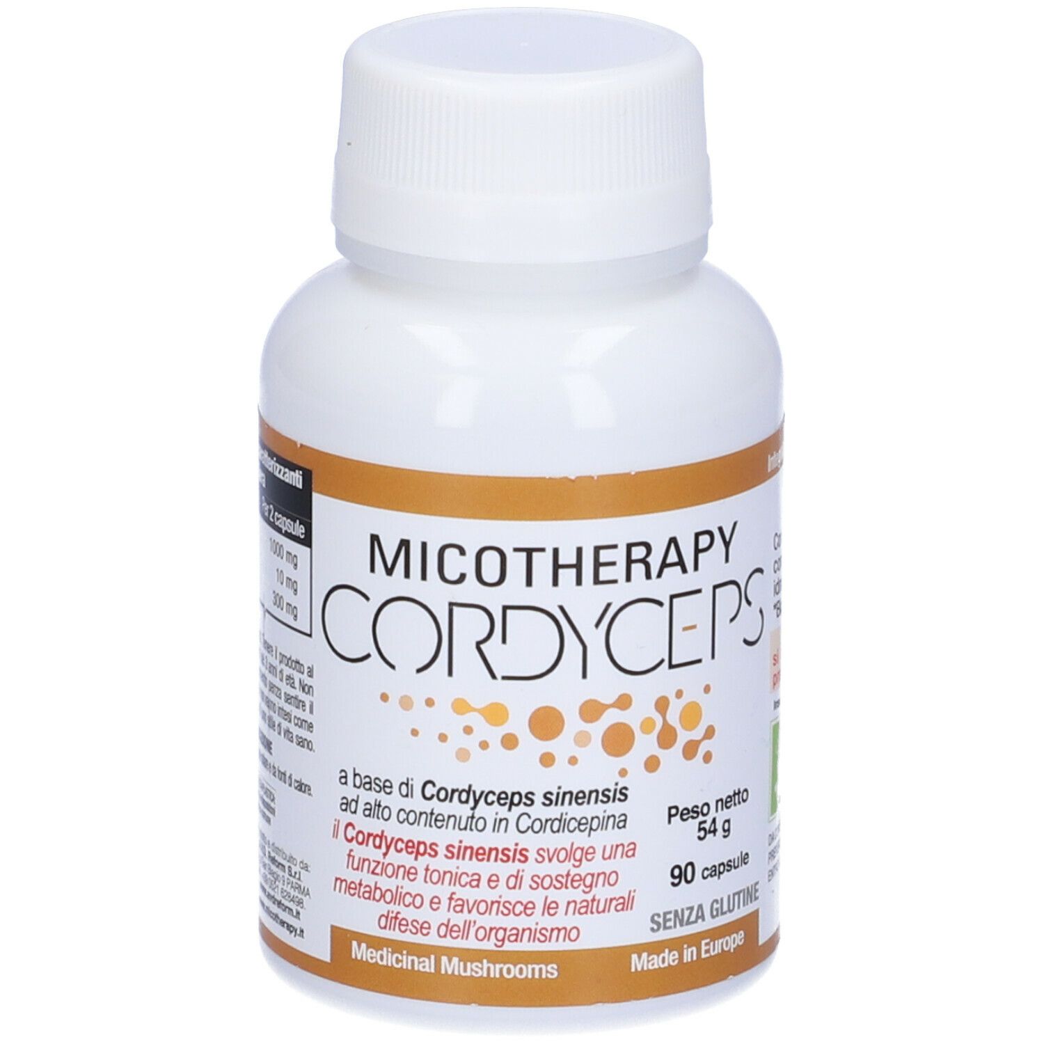 Flacone bianco con etichetta marrone. Scritta: Micotherapy Cordyceps. 90 capsule, 54 g. Senza glutine. Made in Europe.