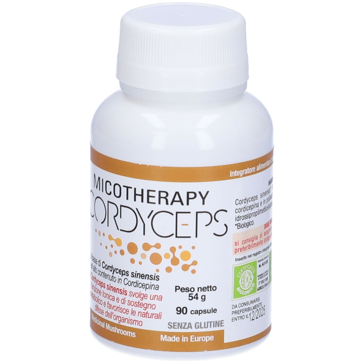Flacone bianco con etichetta marrone. Scritta: Micotherapy Cordyceps. 90 capsule, 54 g. Senza glutine. Made in Europe. Certificazione bio.