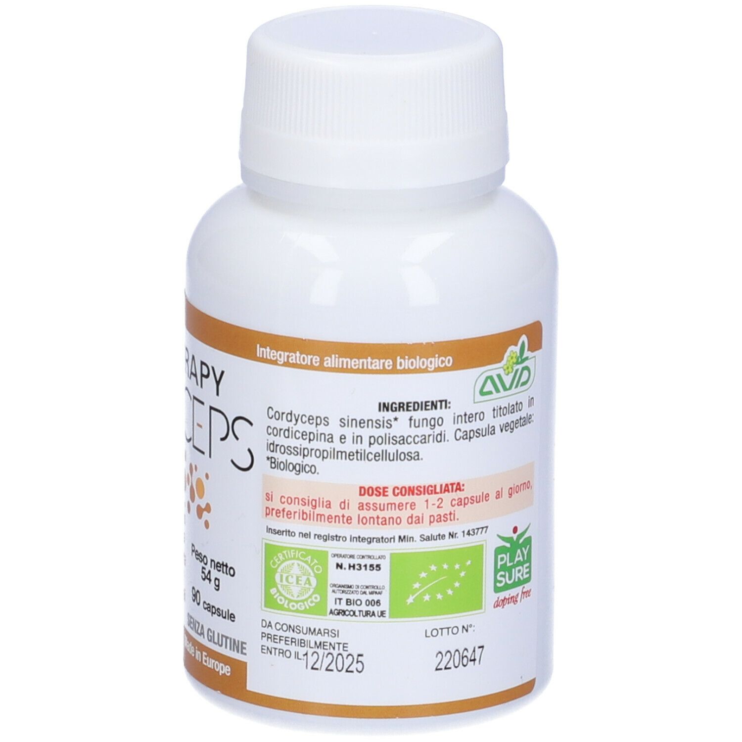 Retro del flacone bianco. Scritta: Ingredienti, Cordyceps sinensis, capsula. Certificazione bio. Numero di lotto. Scadenza.