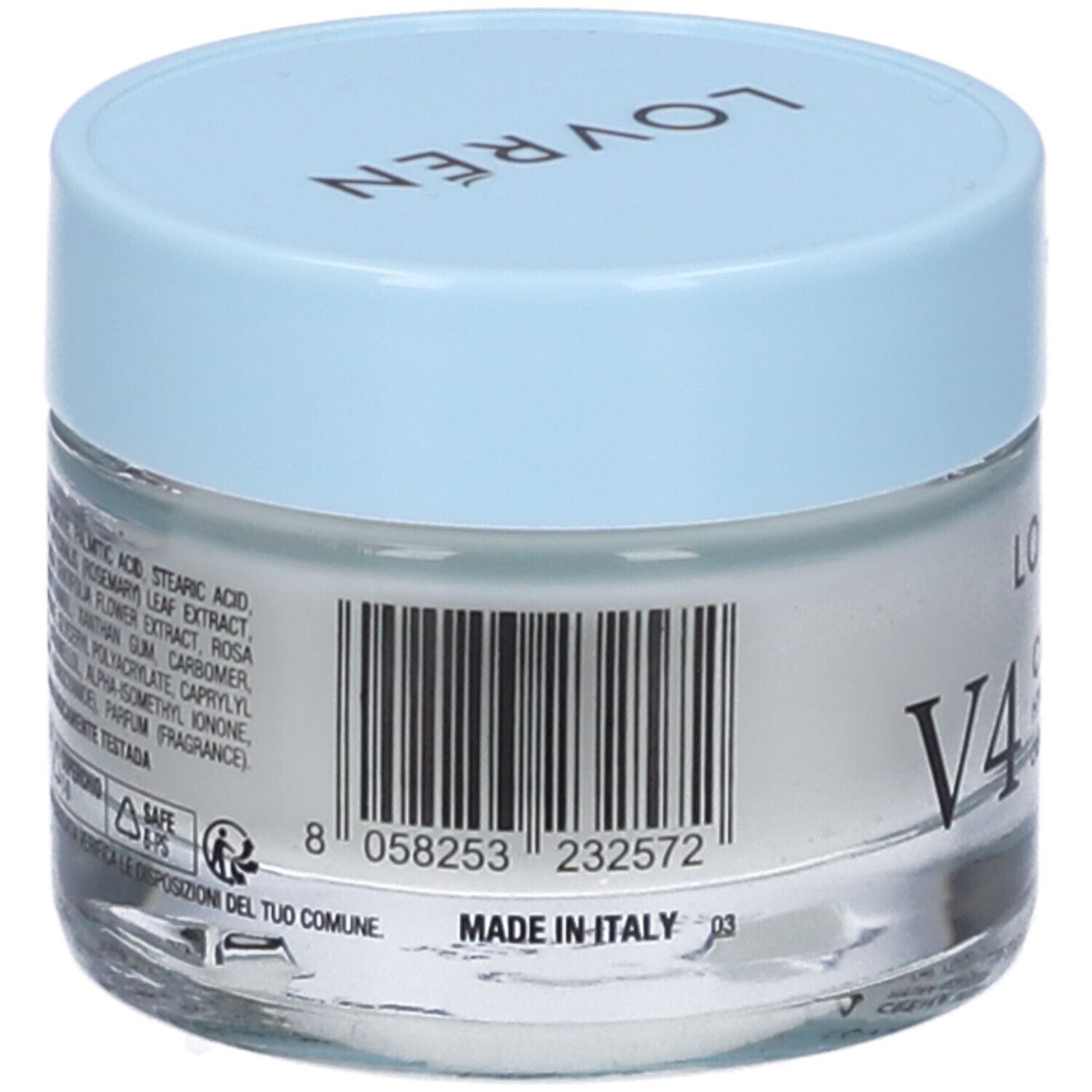 Vasetto di crema con coperchio azzurro. Retro con codice a barre e ingredienti. Scritta: MADE IN ITALY.