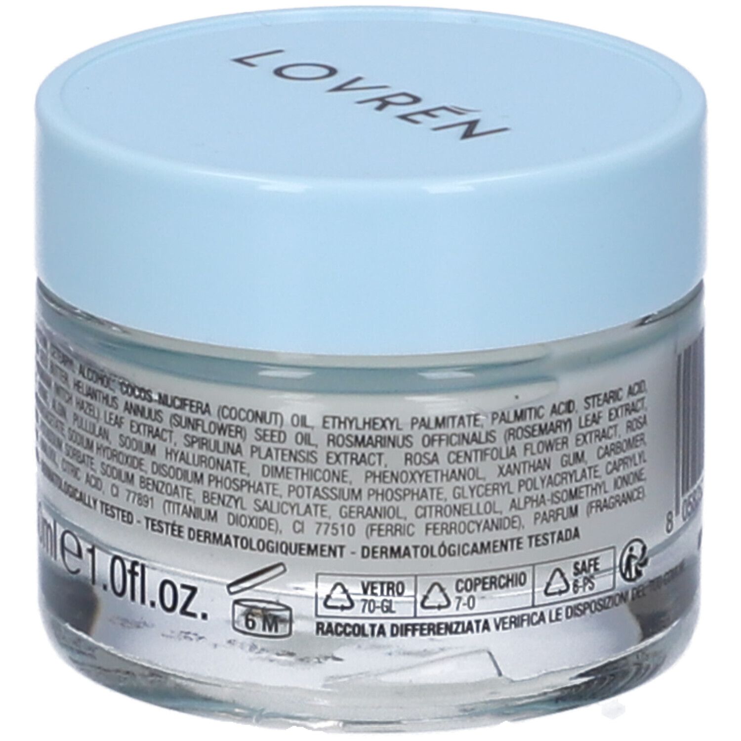 Vasetto di crema con coperchio azzurro. Scritta: LOVRÉN. Testo con ingredienti e indicazione del volume: 1.0 fl.oz.