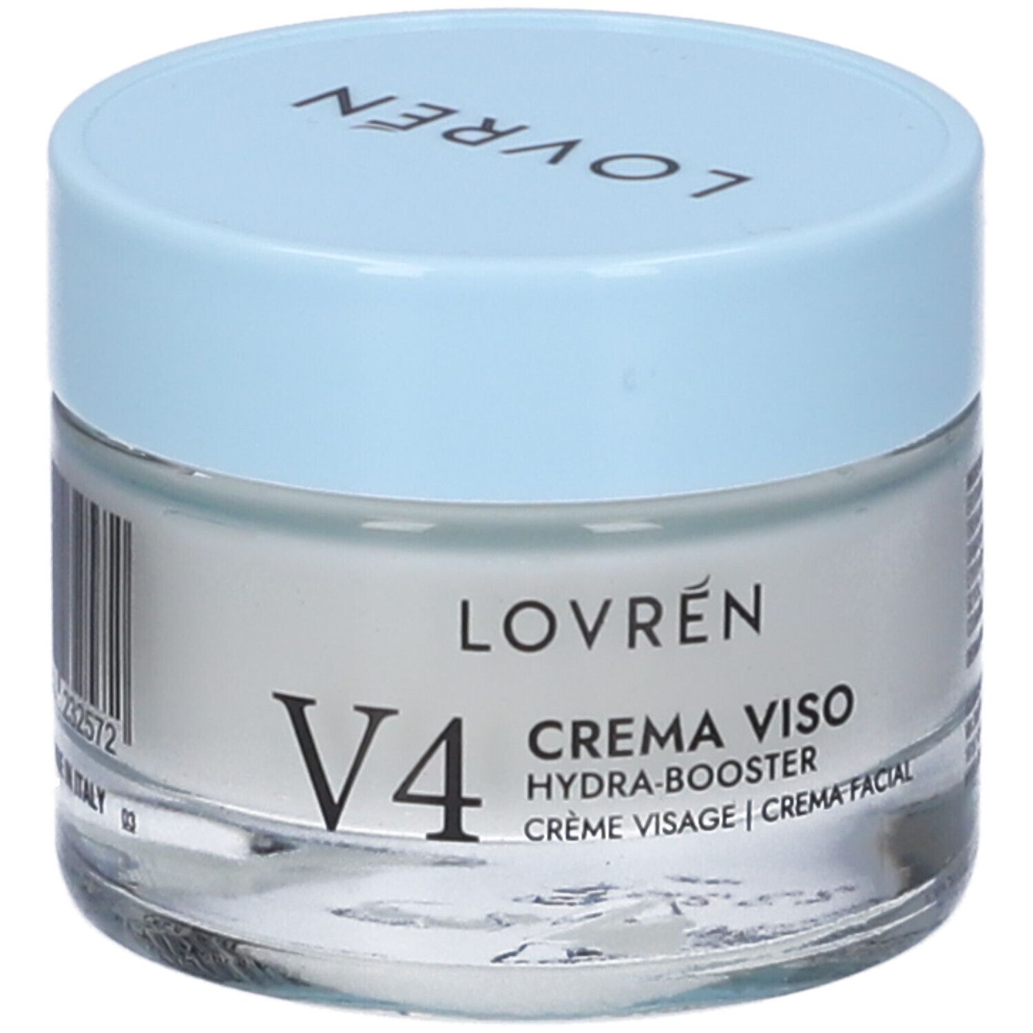 Vasetto di crema con coperchio azzurro. Scritta: LOVRÉN, V4, CREMA VISO Hydra-Booster. Testo in inglese, francese e spagnolo.