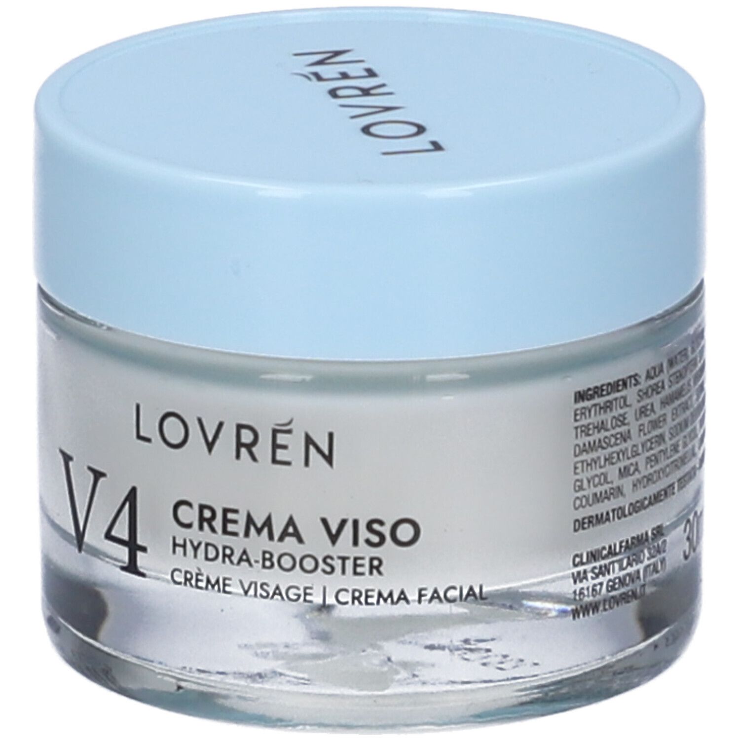 Vasetto di crema con coperchio azzurro. Scritta: LOVRÉN, V4, CREMA VISO Hydra-Booster. Volume: 30ml. Testo in inglese, francese e spagnolo.