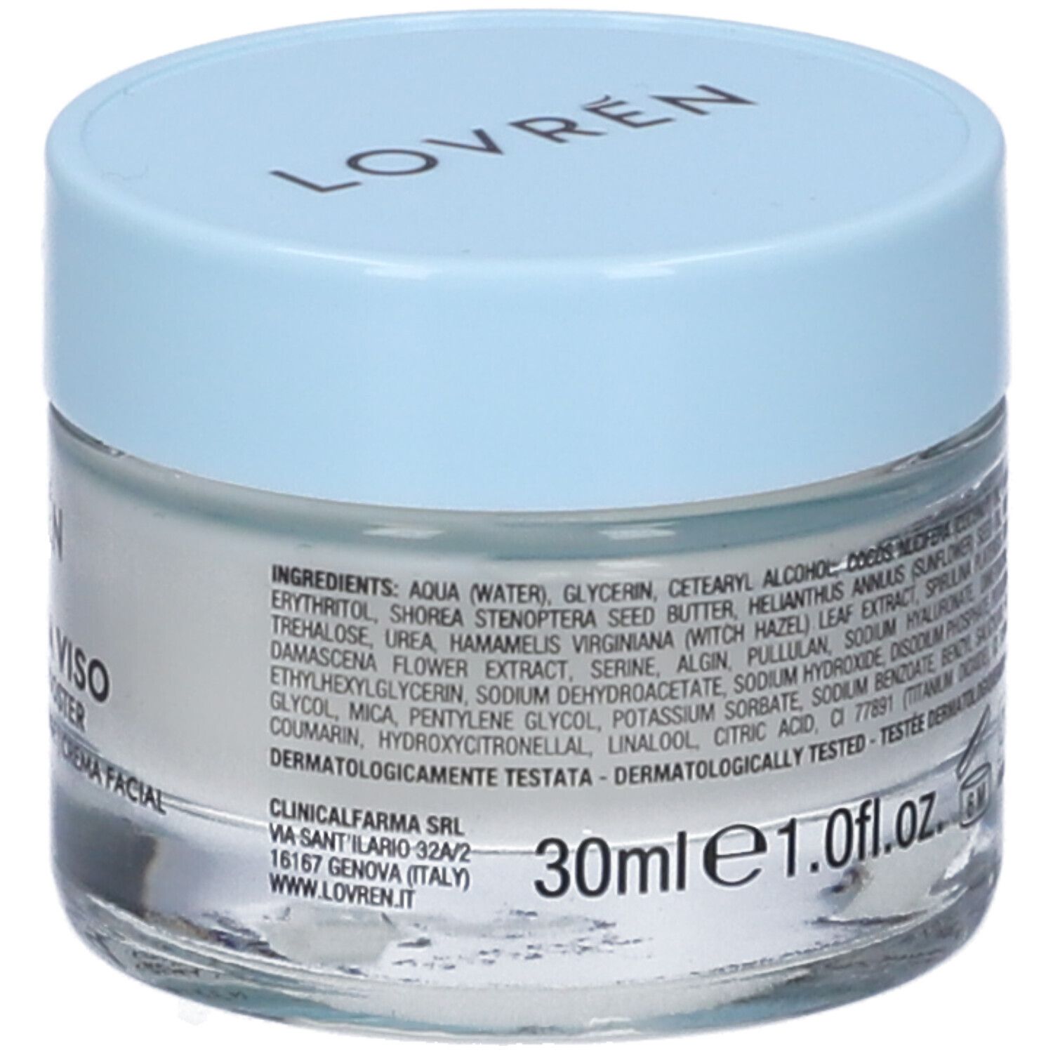 Vasetto di crema con coperchio azzurro. Scritta: LOVRÉN, V4, CREMA VISO Hydra-Booster. Volume: 30ml e 1.0 fl.oz. Testo con ingredienti.