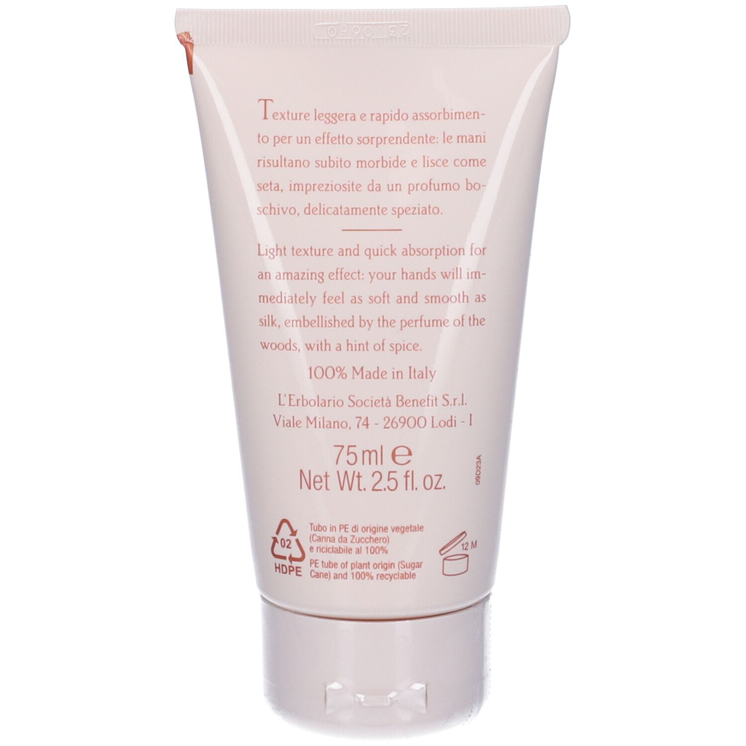 Retro del tubo di crema. Testo: 75ml, 100% Made in Italy. Simboli di riciclaggio. Sfondo bianco.
