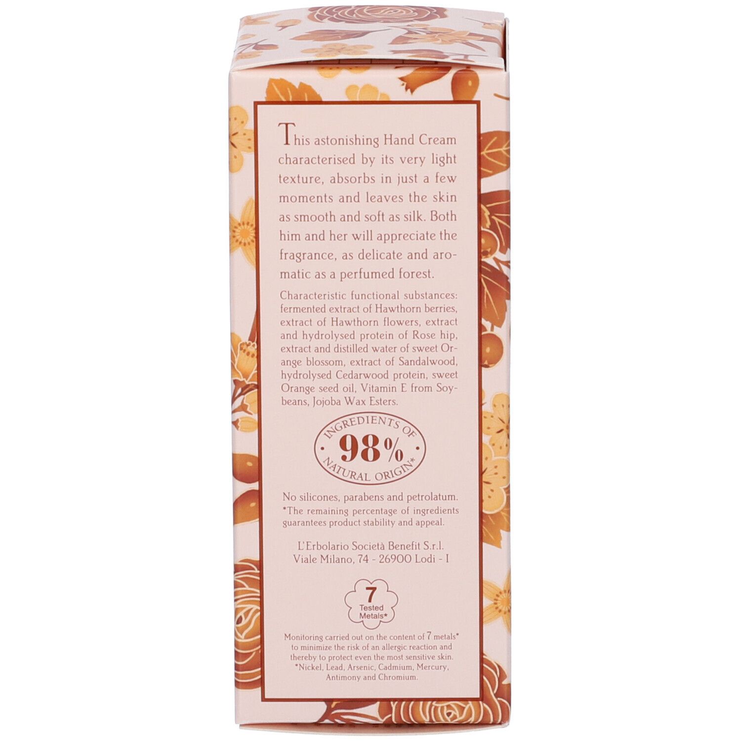 Retro della scatola. Testo: 98% ingredienti naturali. Motivo floreale. Sfondo bianco.