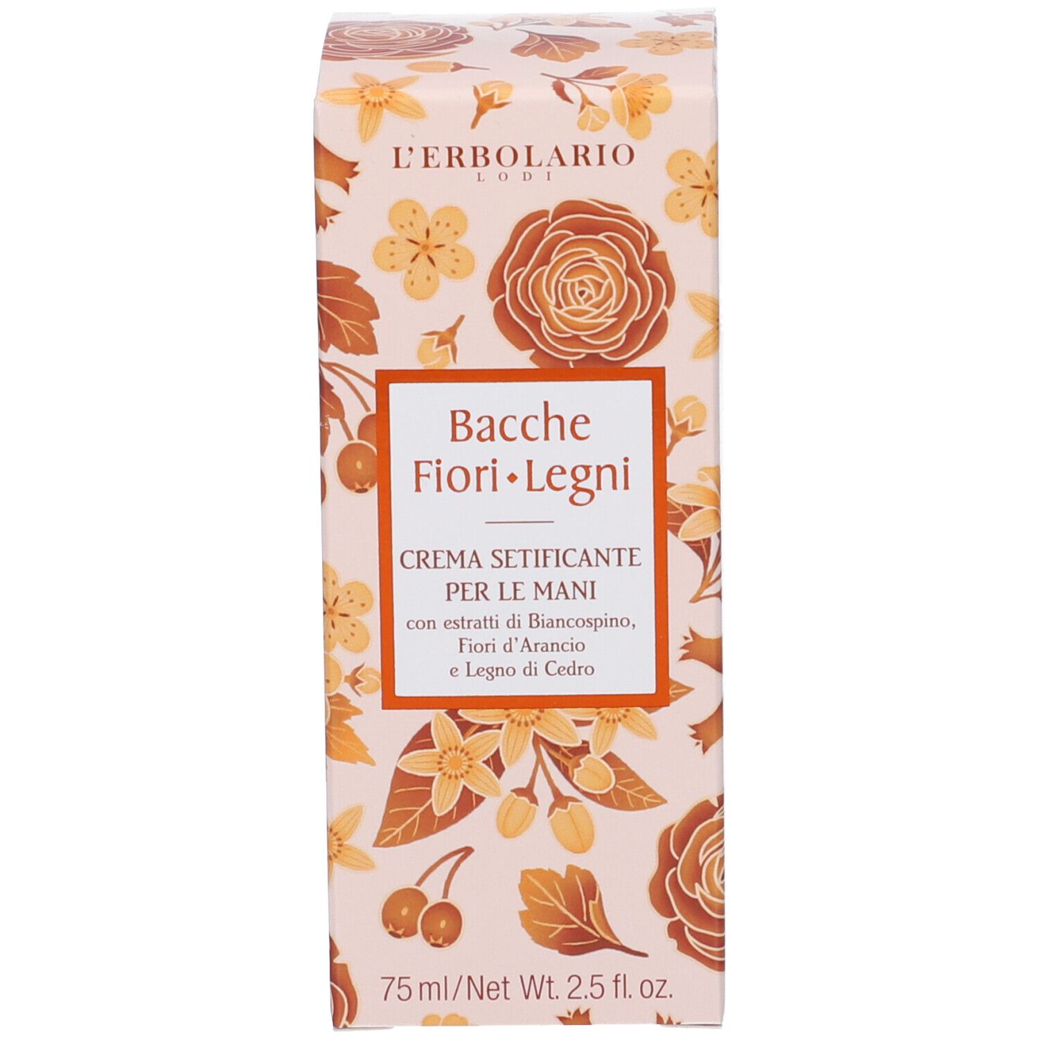 Scatola con motivo floreale. Testo: Bacche Fiori Legni, Creme Setificante. 75ml. Sfondo bianco.