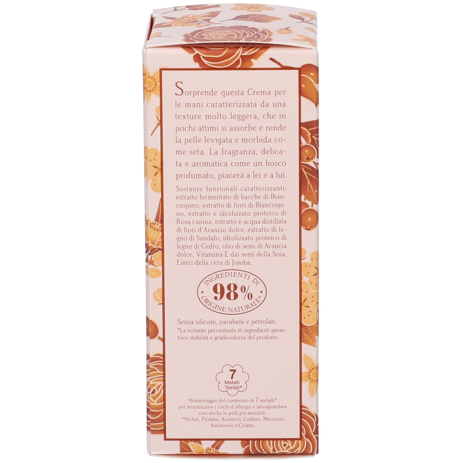 Retro della scatola. Testo: 98% ingredienti naturali. Motivo floreale. Sfondo bianco.