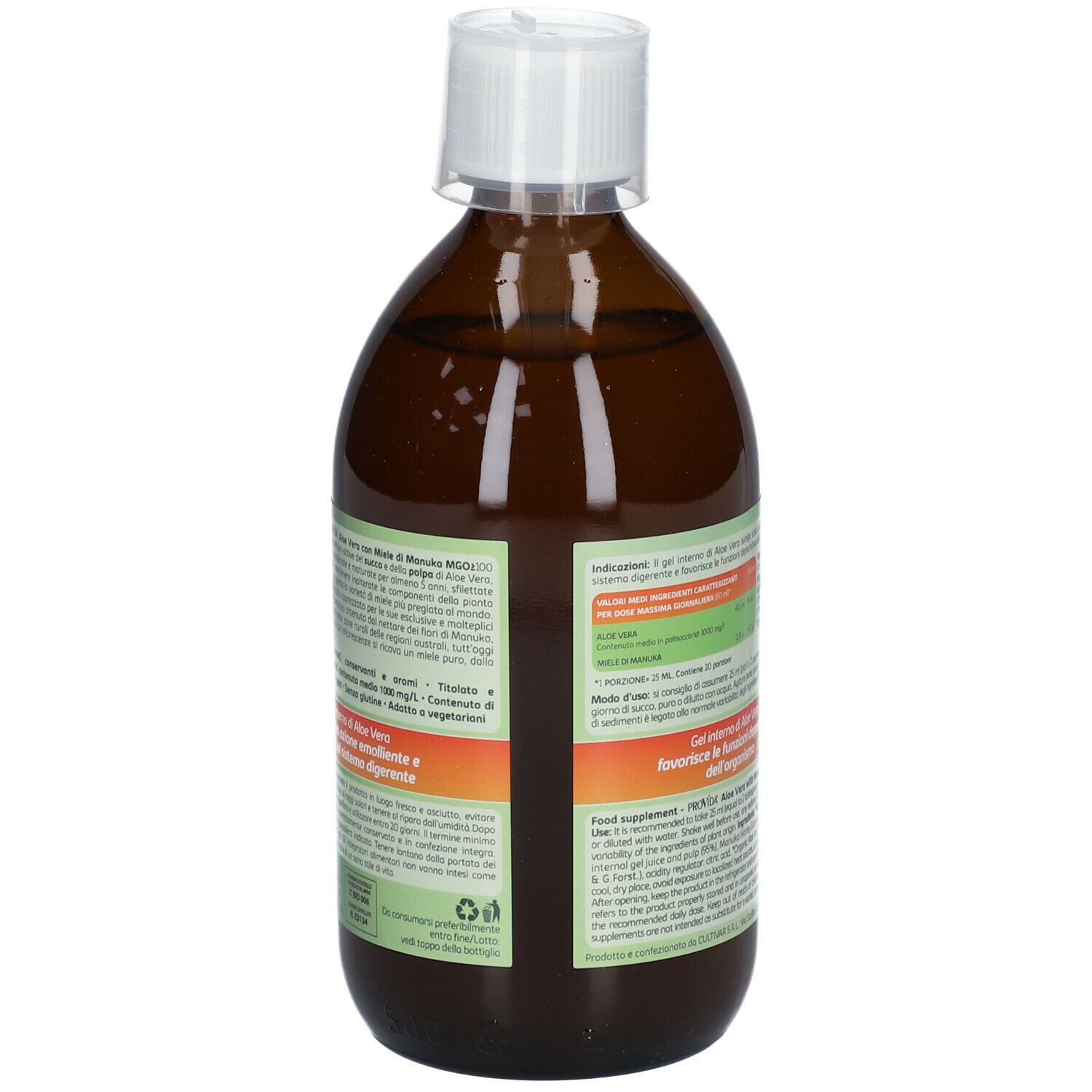 Bottiglia marrone con tappo bianco. Retro con testo. Scritta: PROVÍDA Aloe Vera, puro succo e polpa.