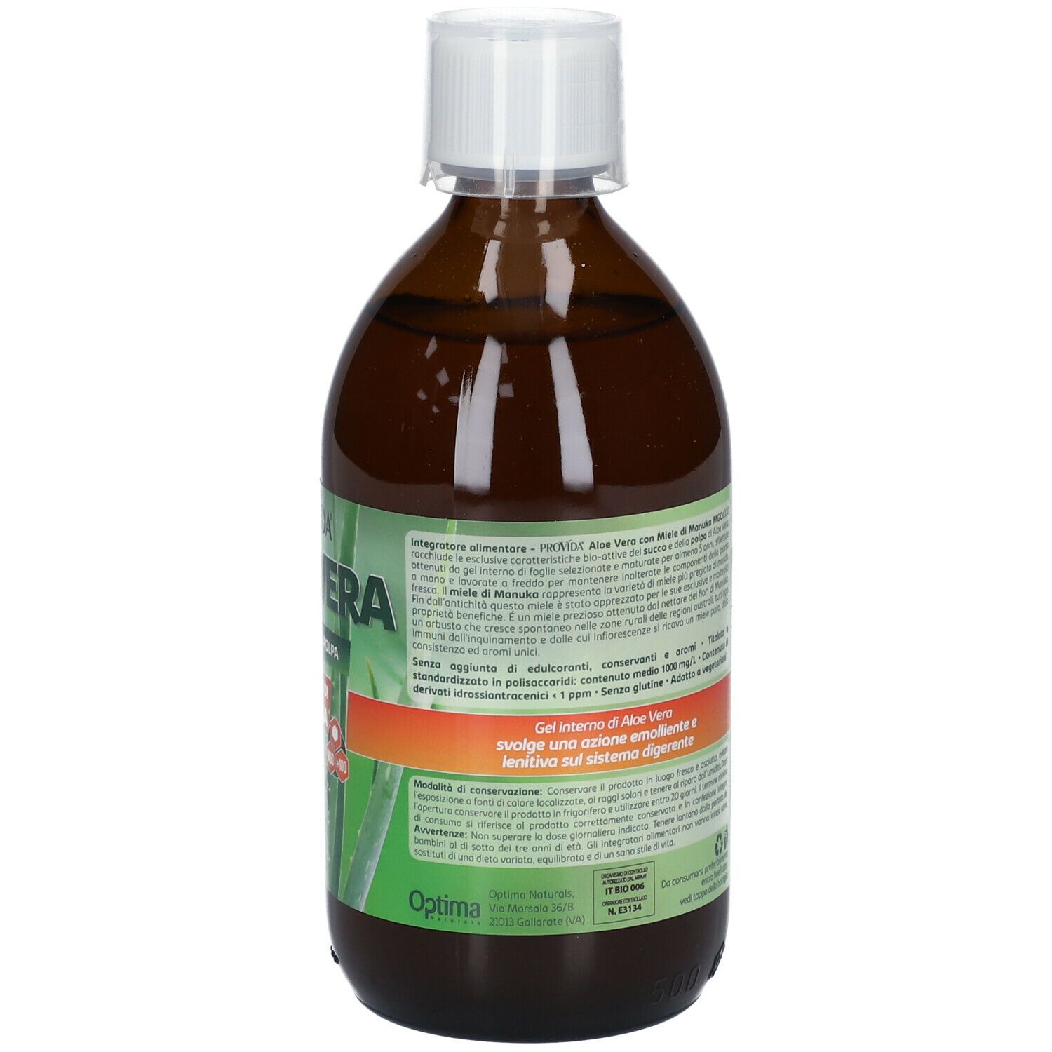 Bottiglia marrone con tappo bianco. Retro con testo. Scritta: PROVÍDA Aloe Vera, puro succo e polpa.