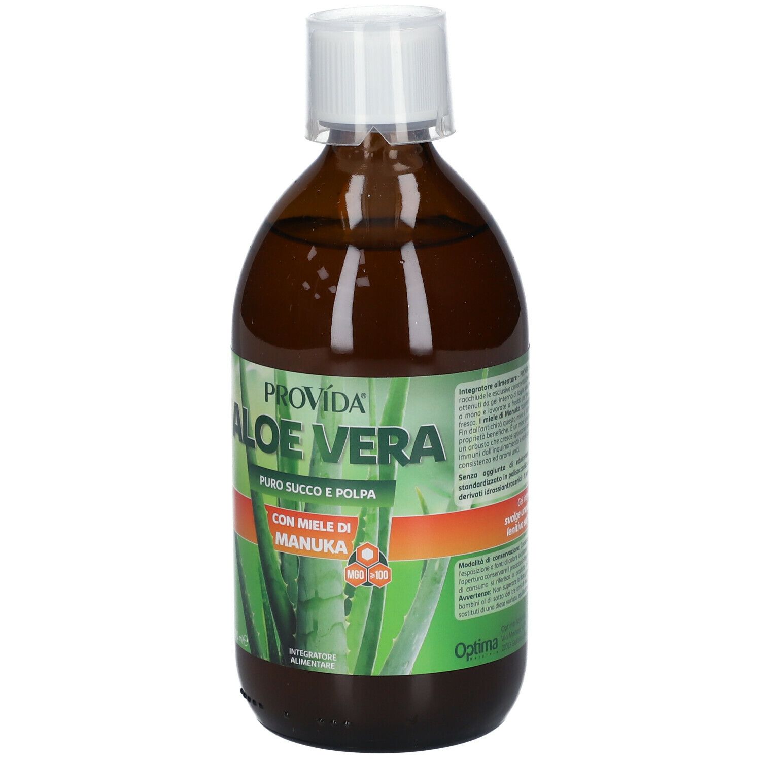Bottiglia marrone con tappo bianco. Scritta: PROVÍDA Aloe Vera, puro succo e polpa, con miele di Manuka.