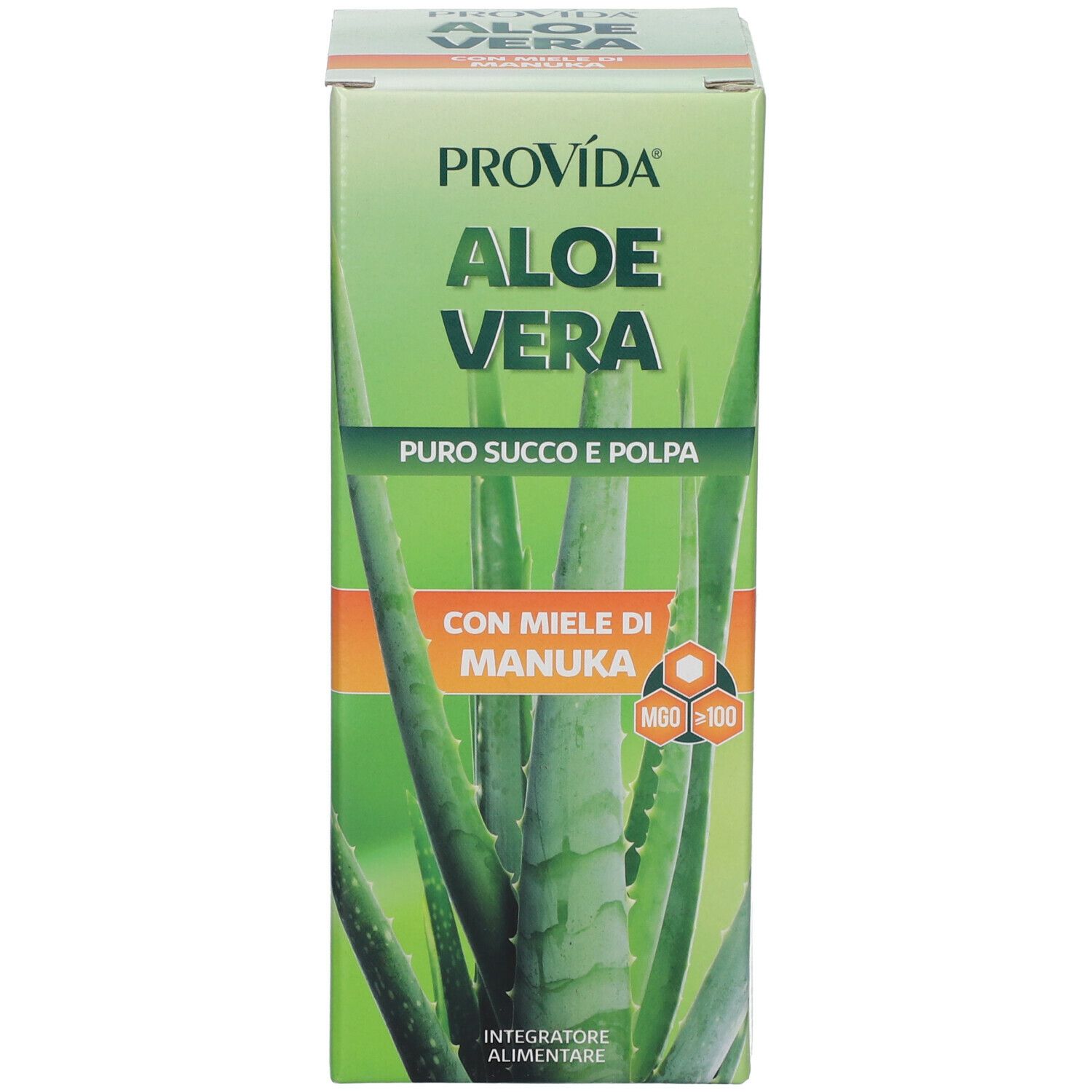 Confezione del prodotto. Scritta: PROVÍDA Aloe Vera, puro succo e polpa, con miele di Manuka.