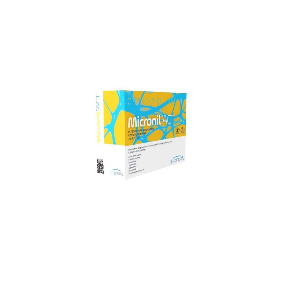 Scatola con Micronil ACT. Sfondo giallo-blu. Codice QR e logo.