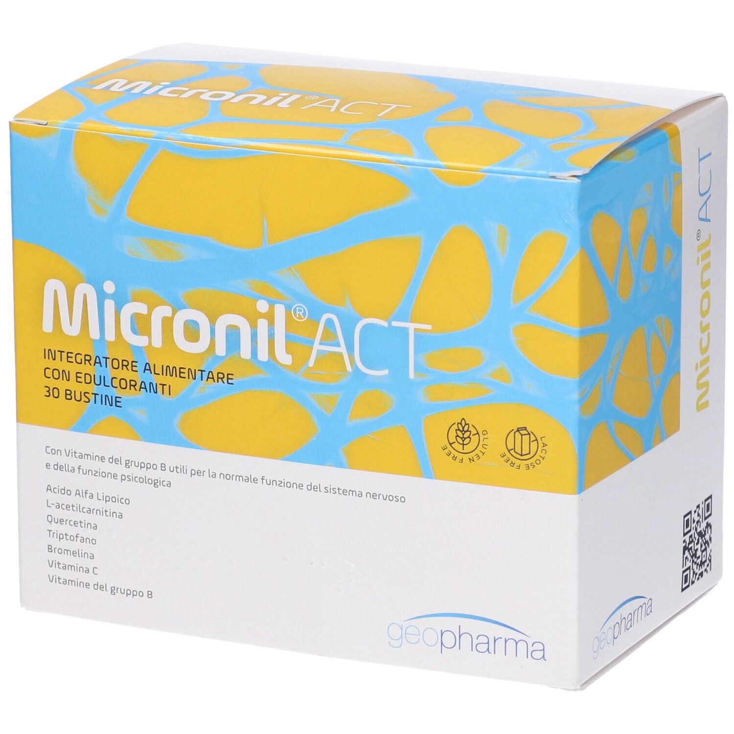 Scatola Micronil ACT, sfondo giallo-blu. Testo: Integratore alimentare con edulcoranti, 30 bustine. Logo.