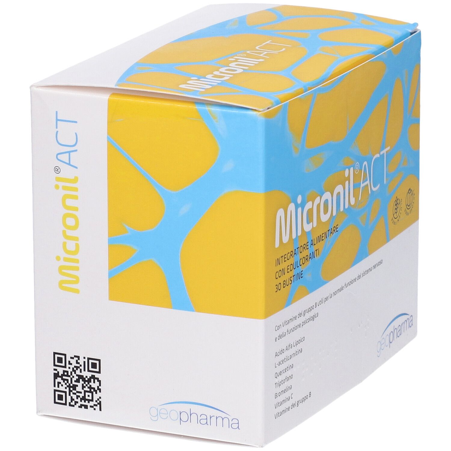 Scatola Micronil ACT, sfondo giallo-blu. Testo: Integratore alimentare con edulcoranti, 30 bustine. Logo.