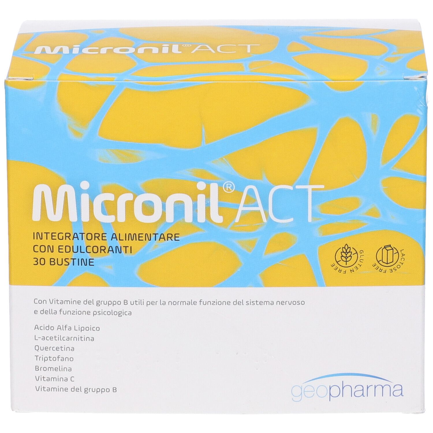 Scatola Micronil ACT, sfondo giallo-blu. Testo: Integratore alimentare con edulcoranti, 30 bustine. Logo.