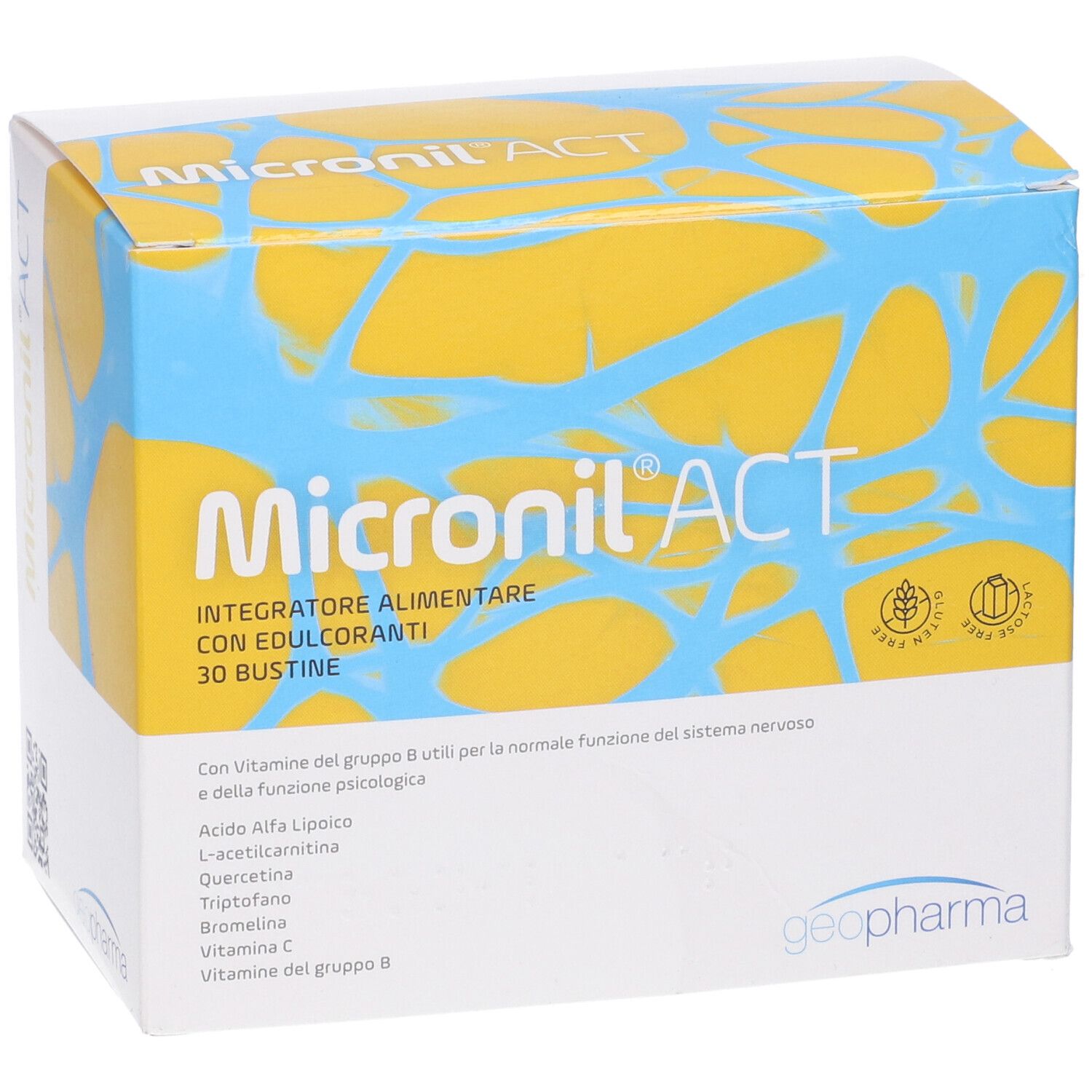 Scatola Micronil ACT, sfondo giallo-blu. Testo: Integratore alimentare con edulcoranti, 30 bustine. Logo.