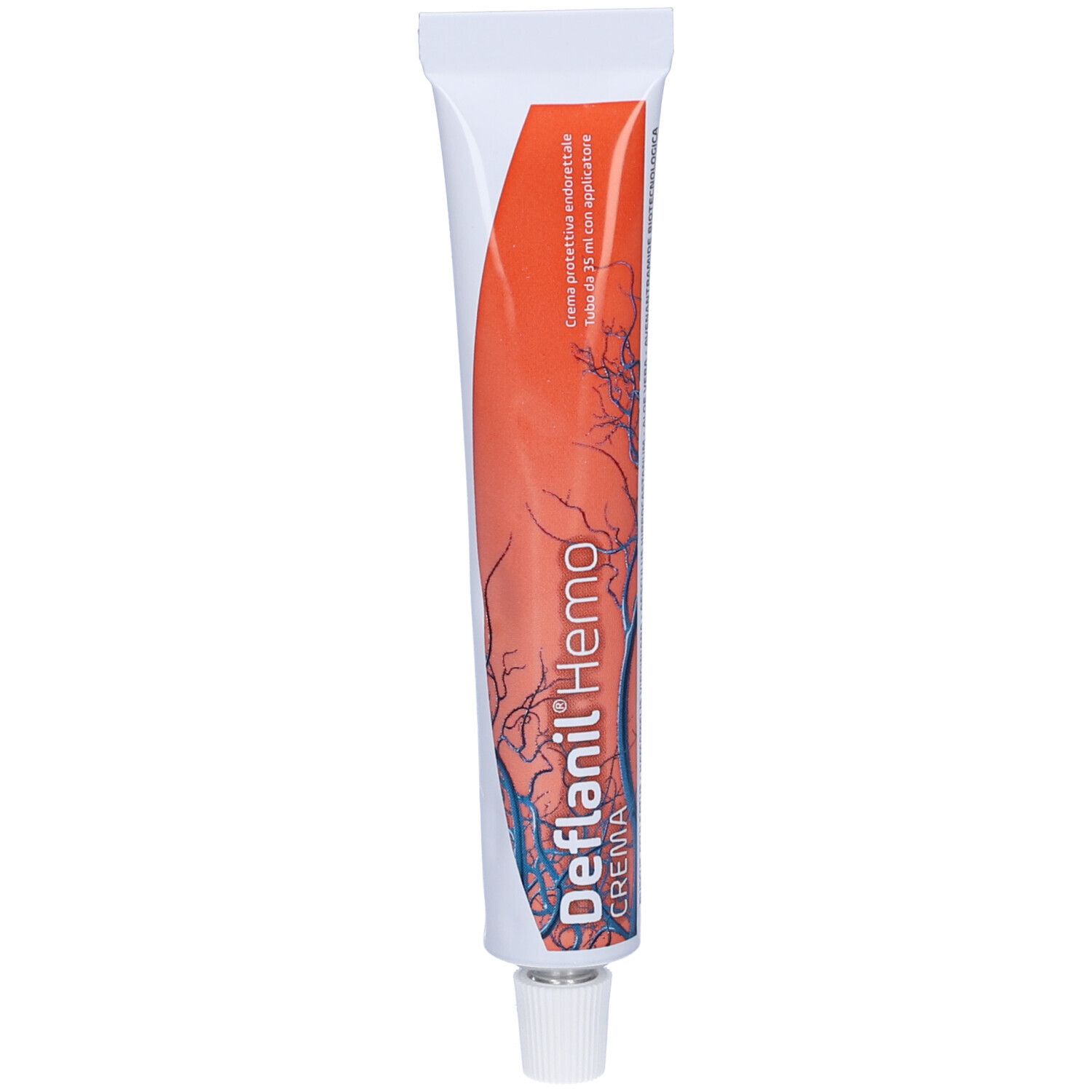 Tubo di crema Deflanil Hemo. Design bianco e arancione. Nome del prodotto e logo visibili. Tappo a vite.