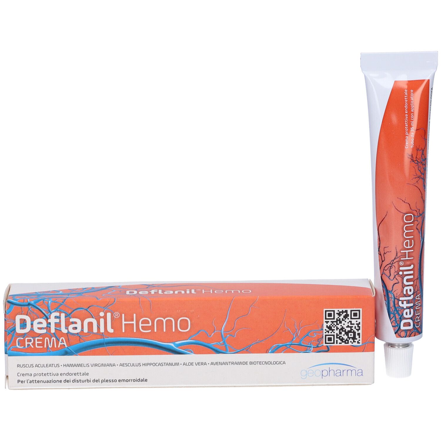 Confezione e tubo di crema Deflanil Hemo. Design arancione e bianco. Nome del prodotto e logo visibili. Codice QR sulla confezione.