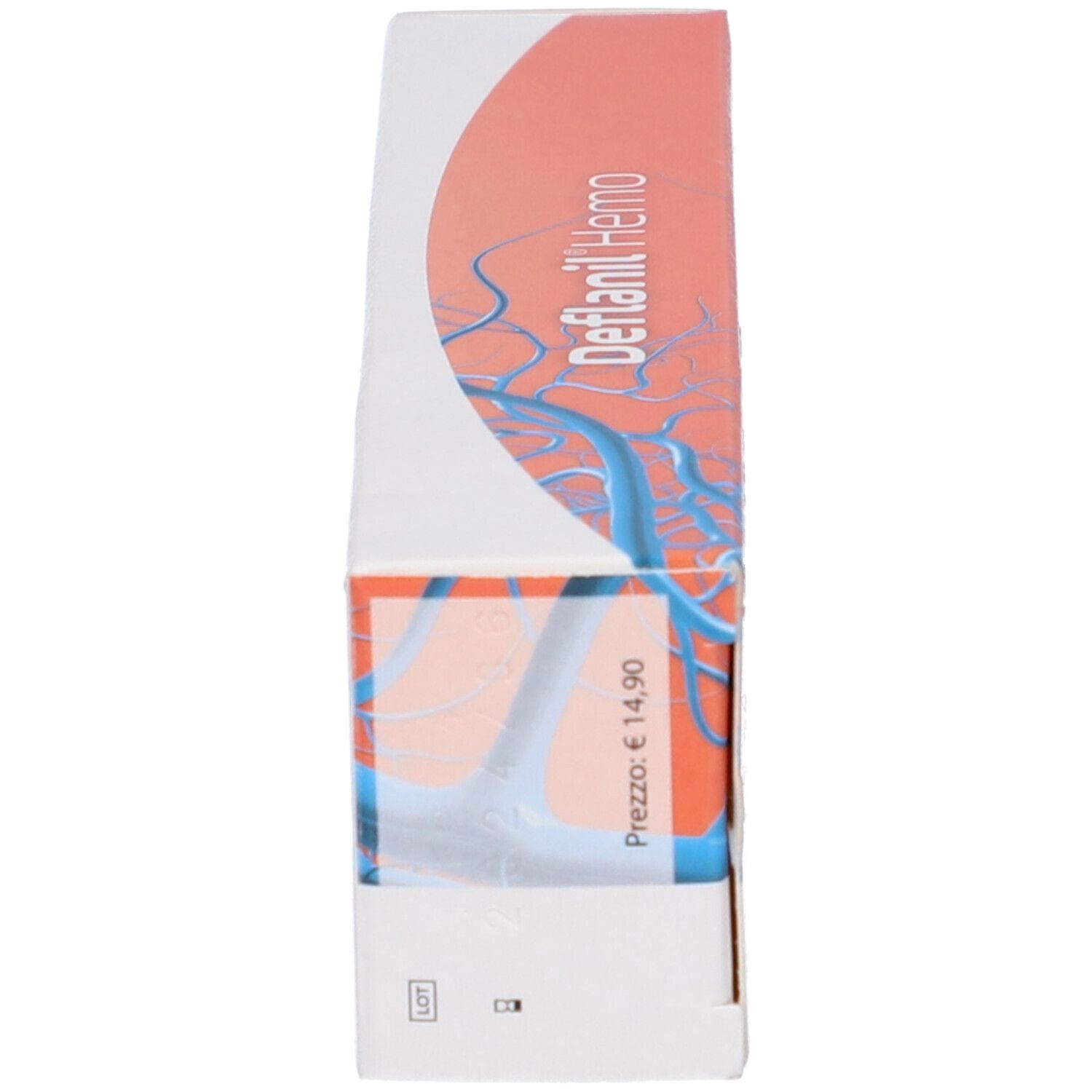 Lato della confezione della crema Deflanil Hemo. Design arancione e bianco. Nome del prodotto e prezzo.