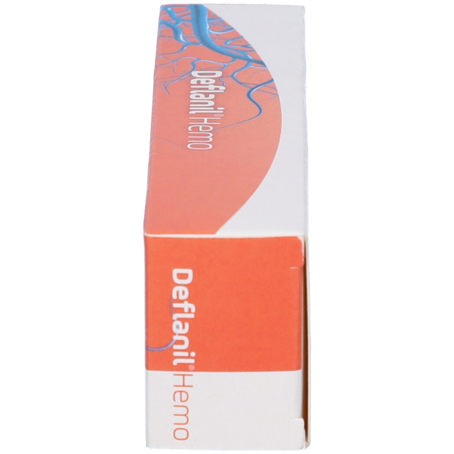 Lato della confezione della crema Deflanil Hemo. Design arancione e bianco. Nome del prodotto.