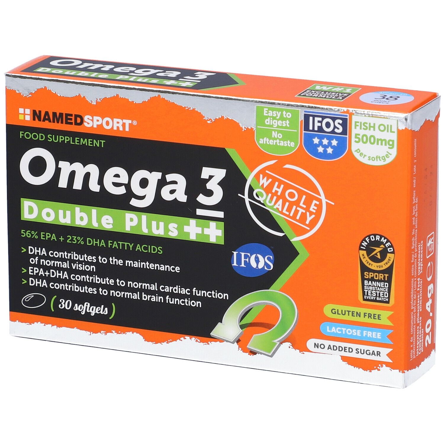 Confezione NAMEDSPORT Omega 3 Double Plus++. Arancione e nero. Contiene 30 softgel. Certificazione IFOS. Senza glutine, lattosio e zuccheri aggiunti.