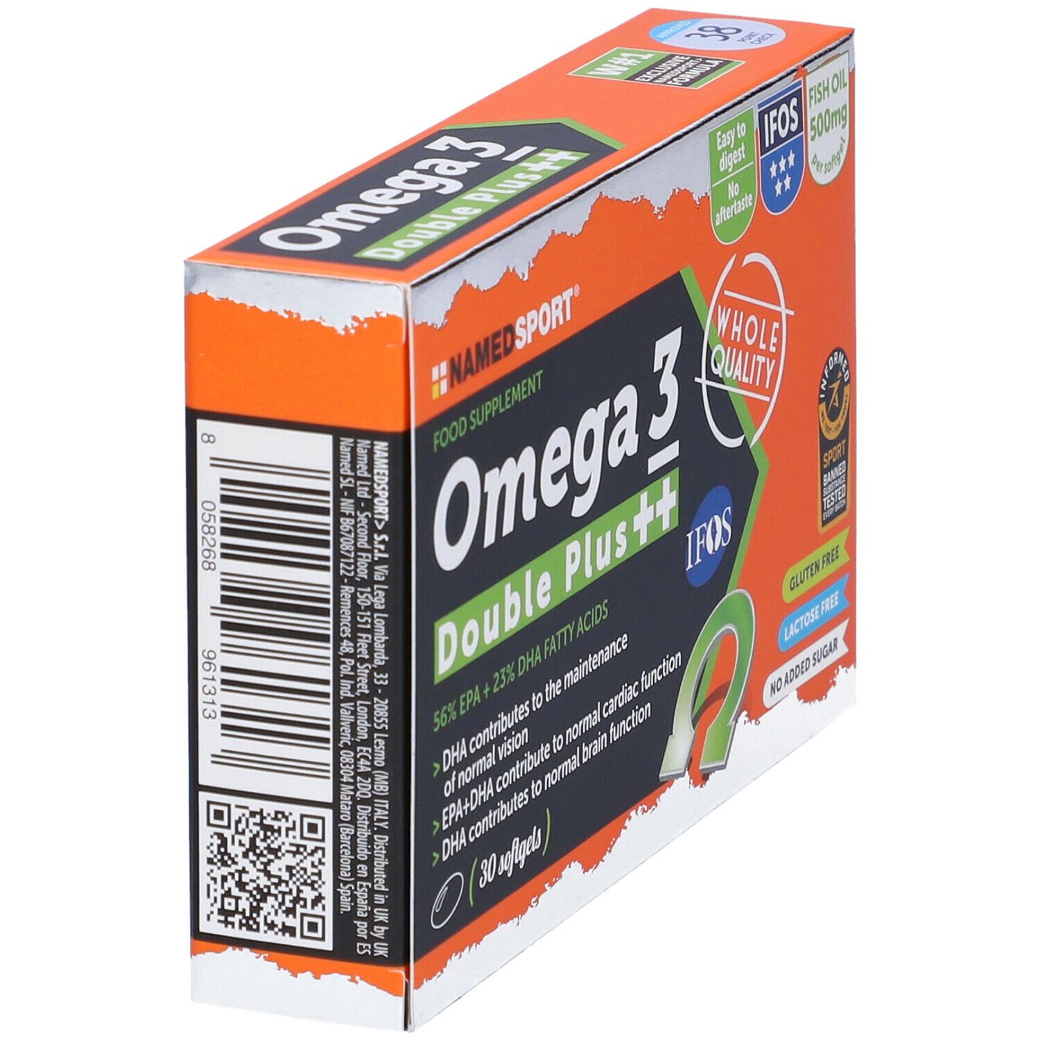 Confezione NAMEDSPORT Omega 3 Double Plus++, angolata. Arancione e nero. 30 softgel. Certificazione IFOS. Senza glutine, lattosio e zuccheri aggiunti.